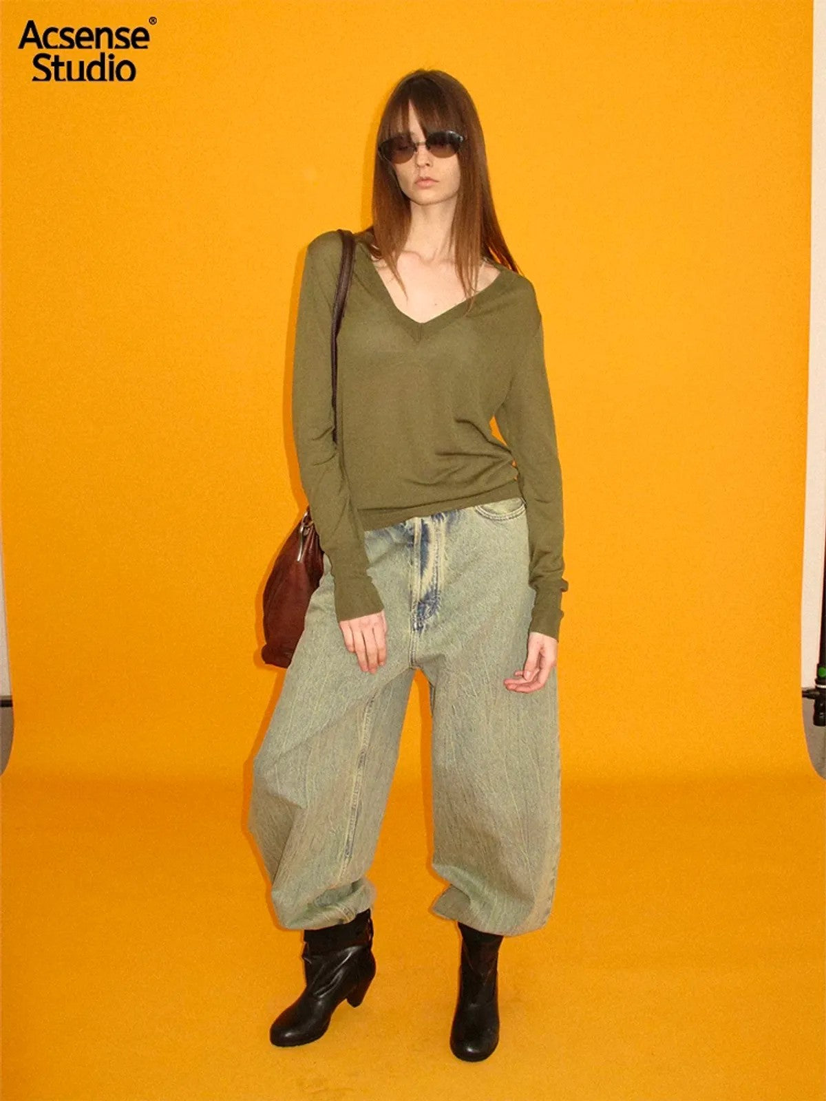 ACSENSE STUDIO Dirty Wash Curved Wide Leg Jeans in Blue - On Model