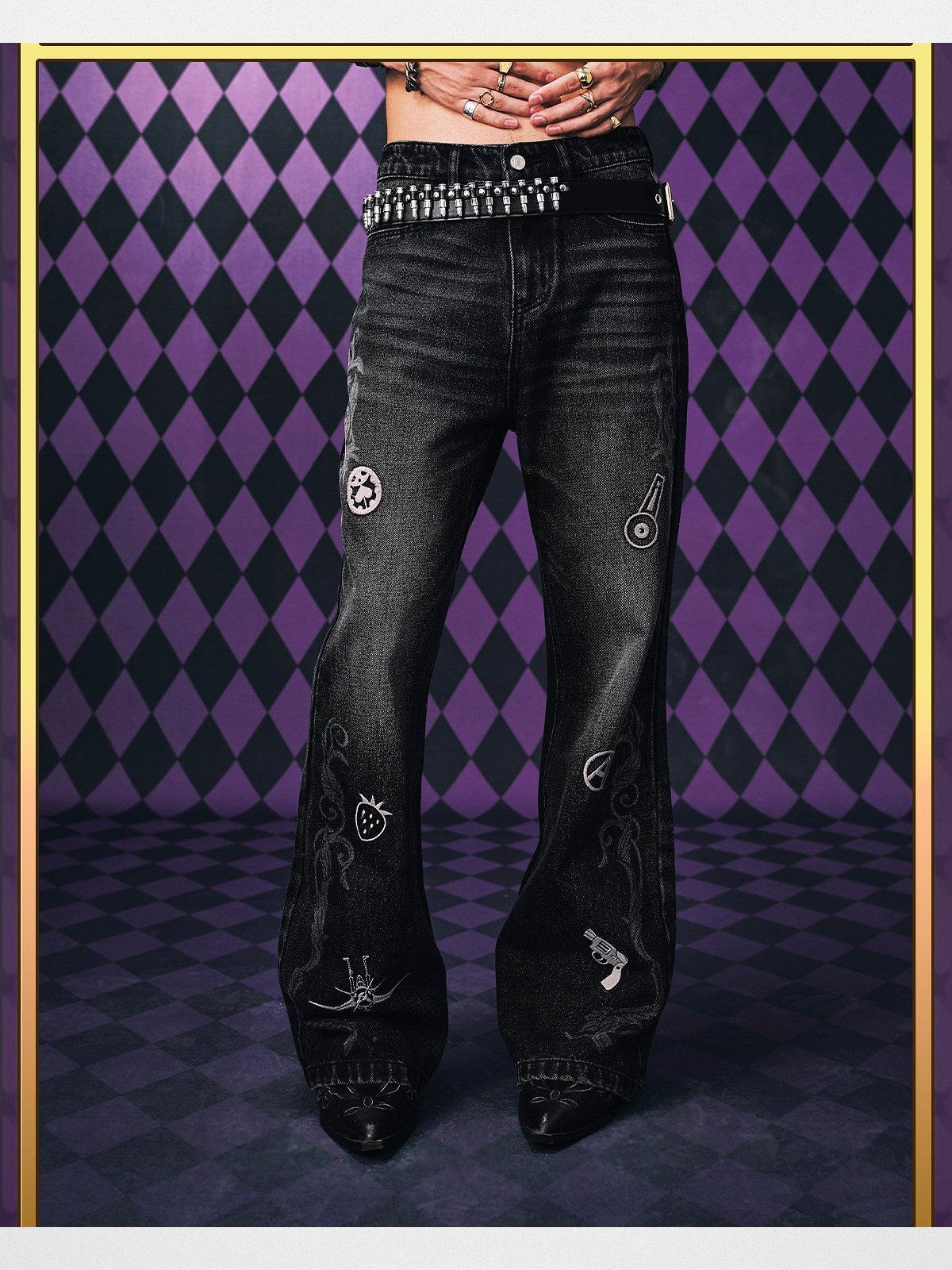 MEDM JoJo s Bizarre Adventure Embroidered Jeans in Black - On Model