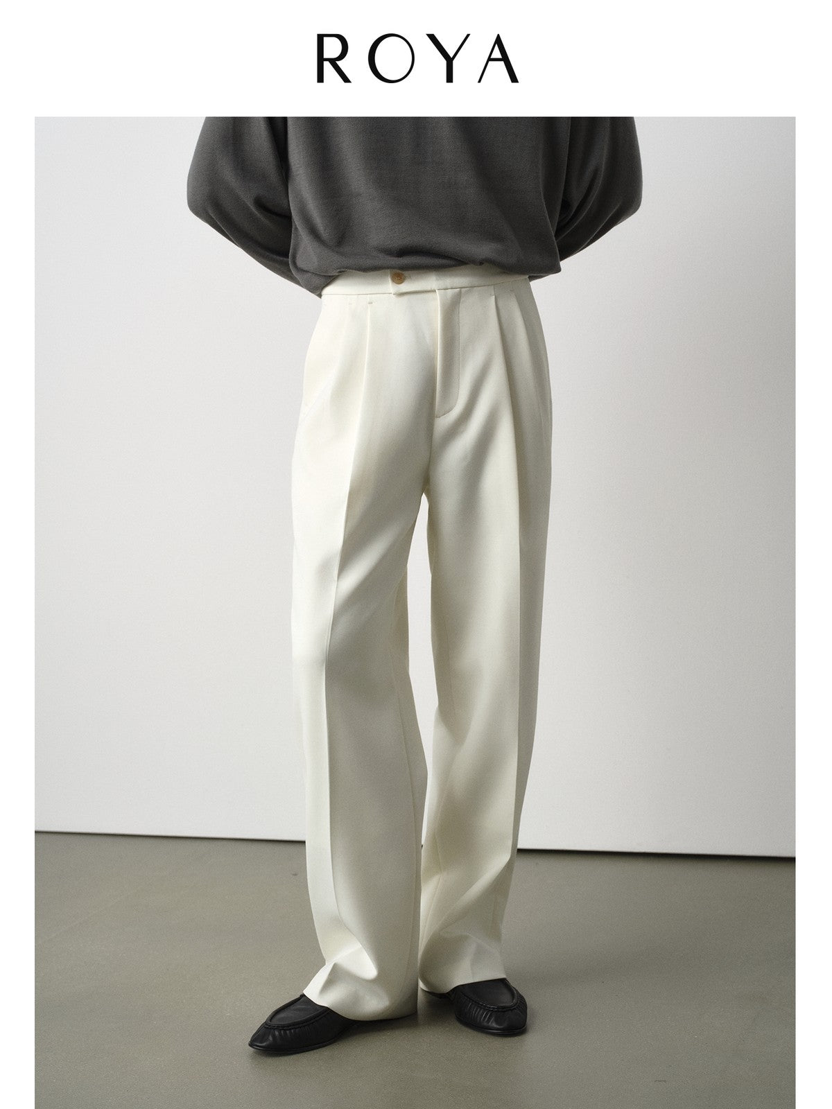 ROYA Pleated Acetate Wool Trousers in White - On Model