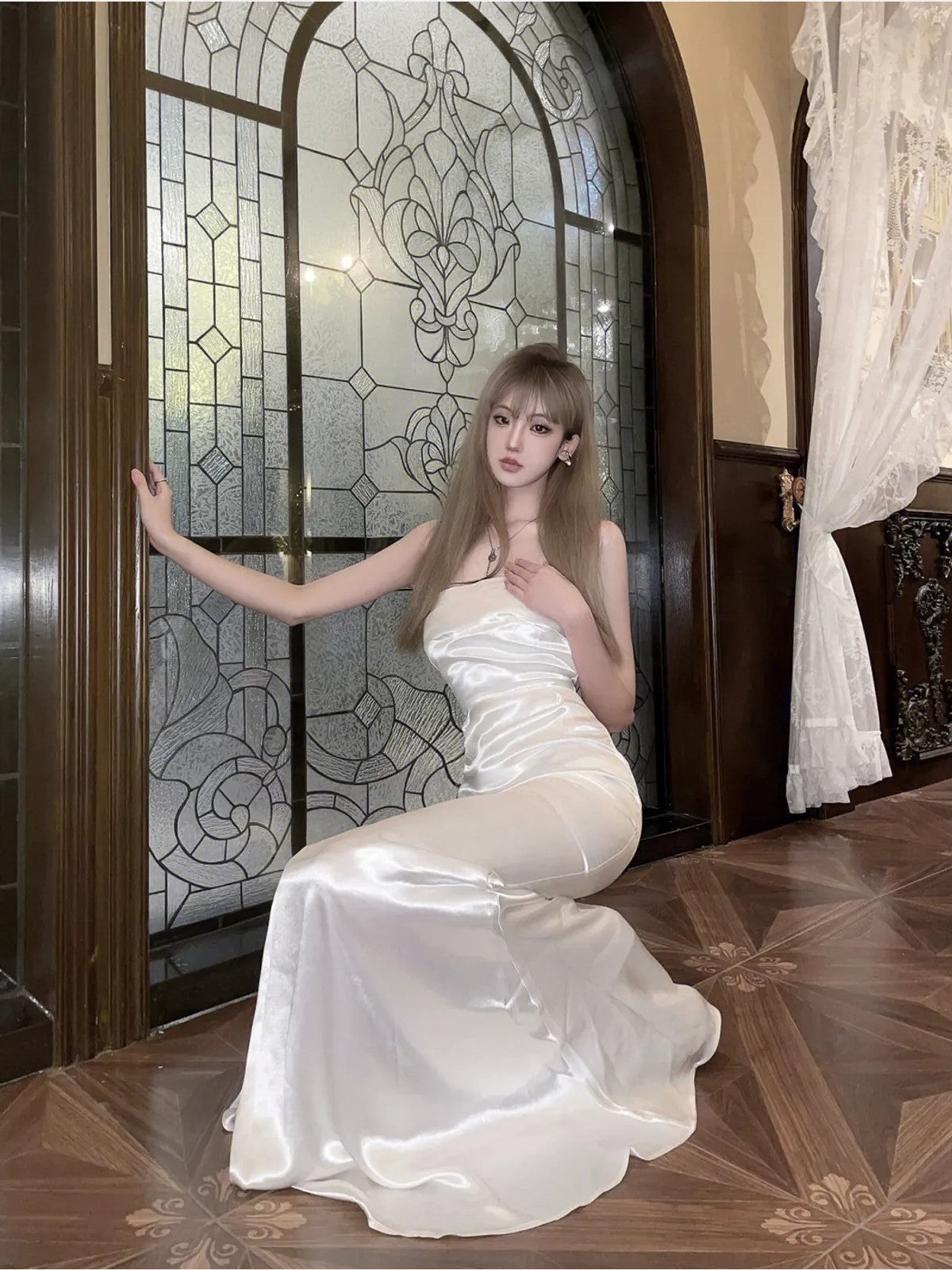 1S STUDIO Acetate Satin Mermaid Gown in White