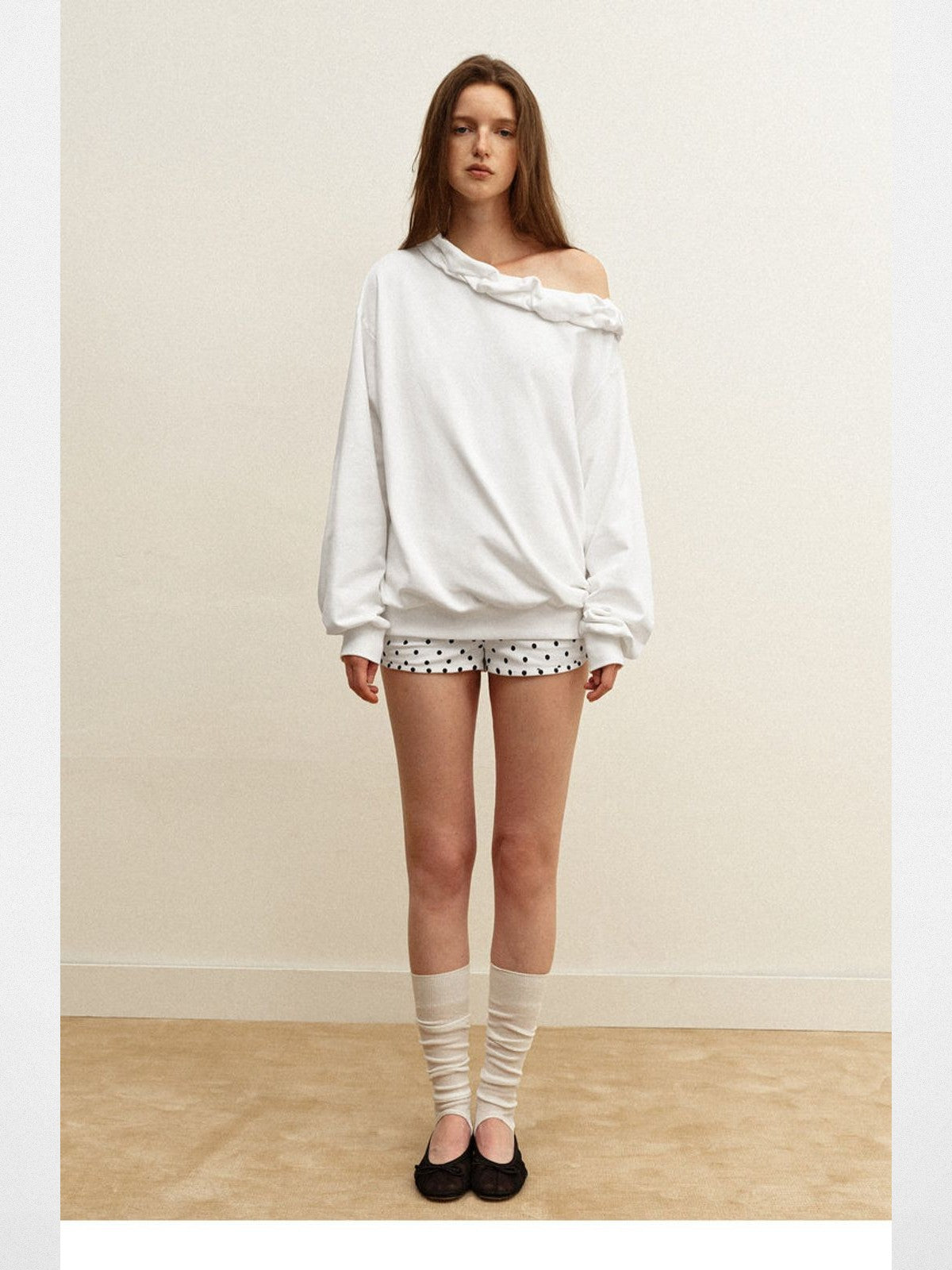 PUKI Twisted Trim Off Shoulder Sweatshirt in White - On Model