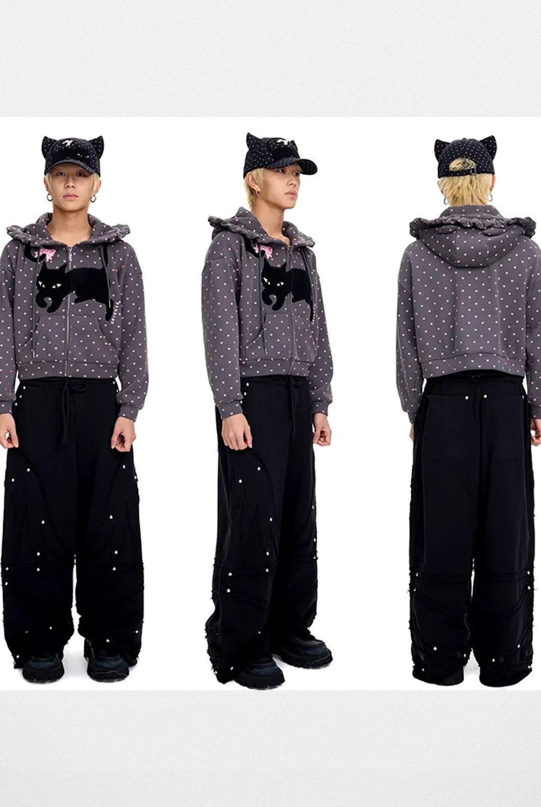 CFIERCE Embroidered Cat Ear Baseball Cap in Gray - On Model