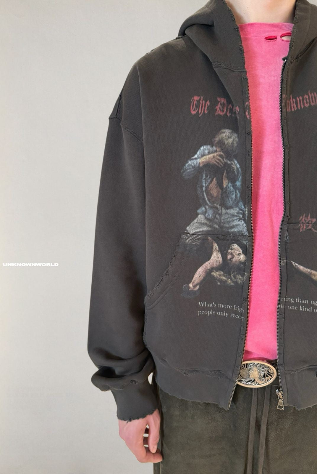 UNKNOWNWORLD Distressed Graphic Zip Up Hoodie in Gray - On Model