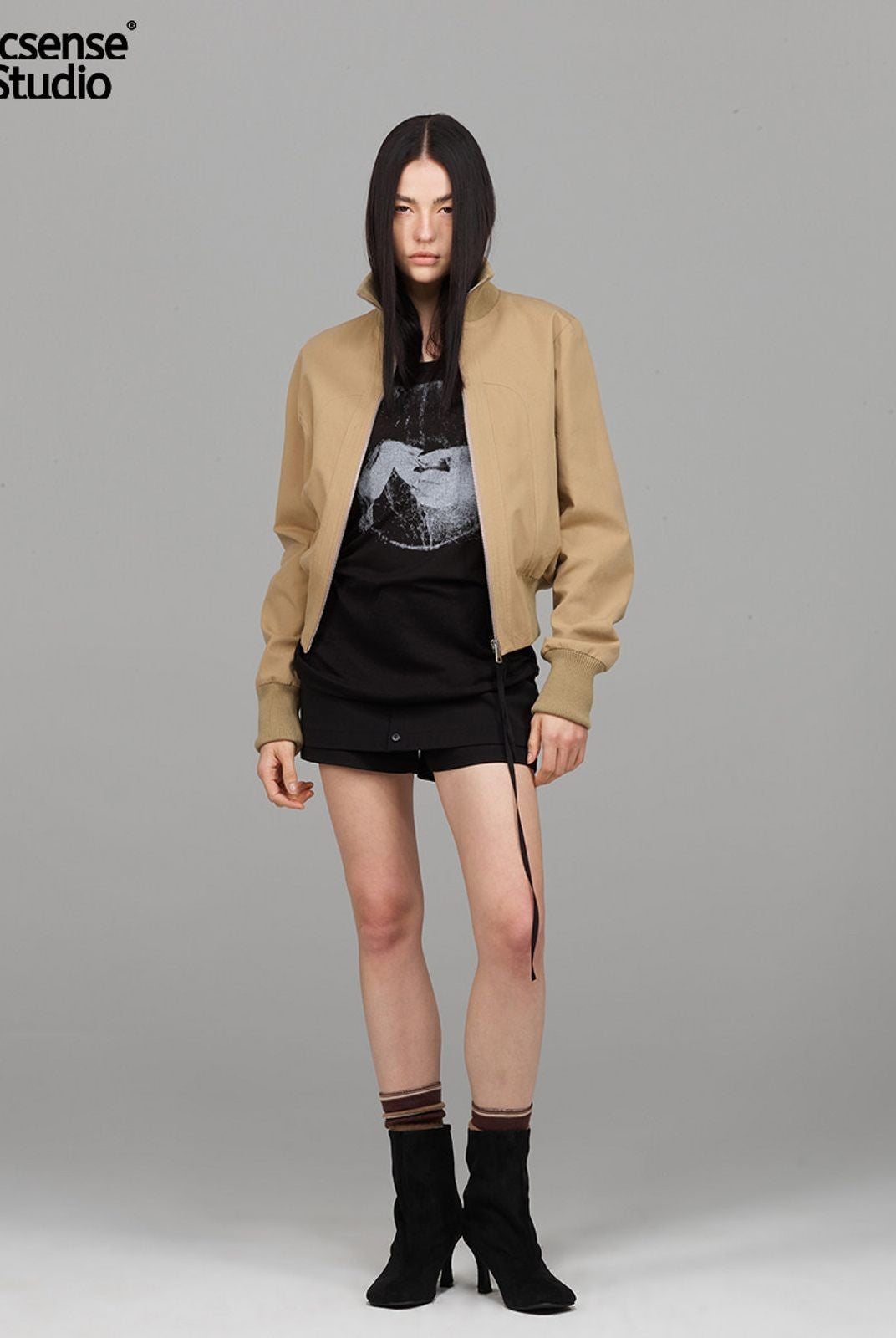 ACSENSE STUDIO Curved Panel Cotton Jacket in Khaki - On Model