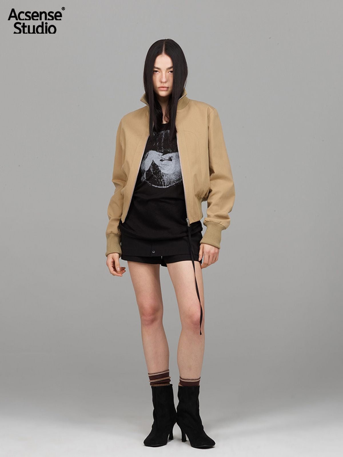 ACSENSE STUDIO Curved Panel Cotton Jacket in Khaki - On Model