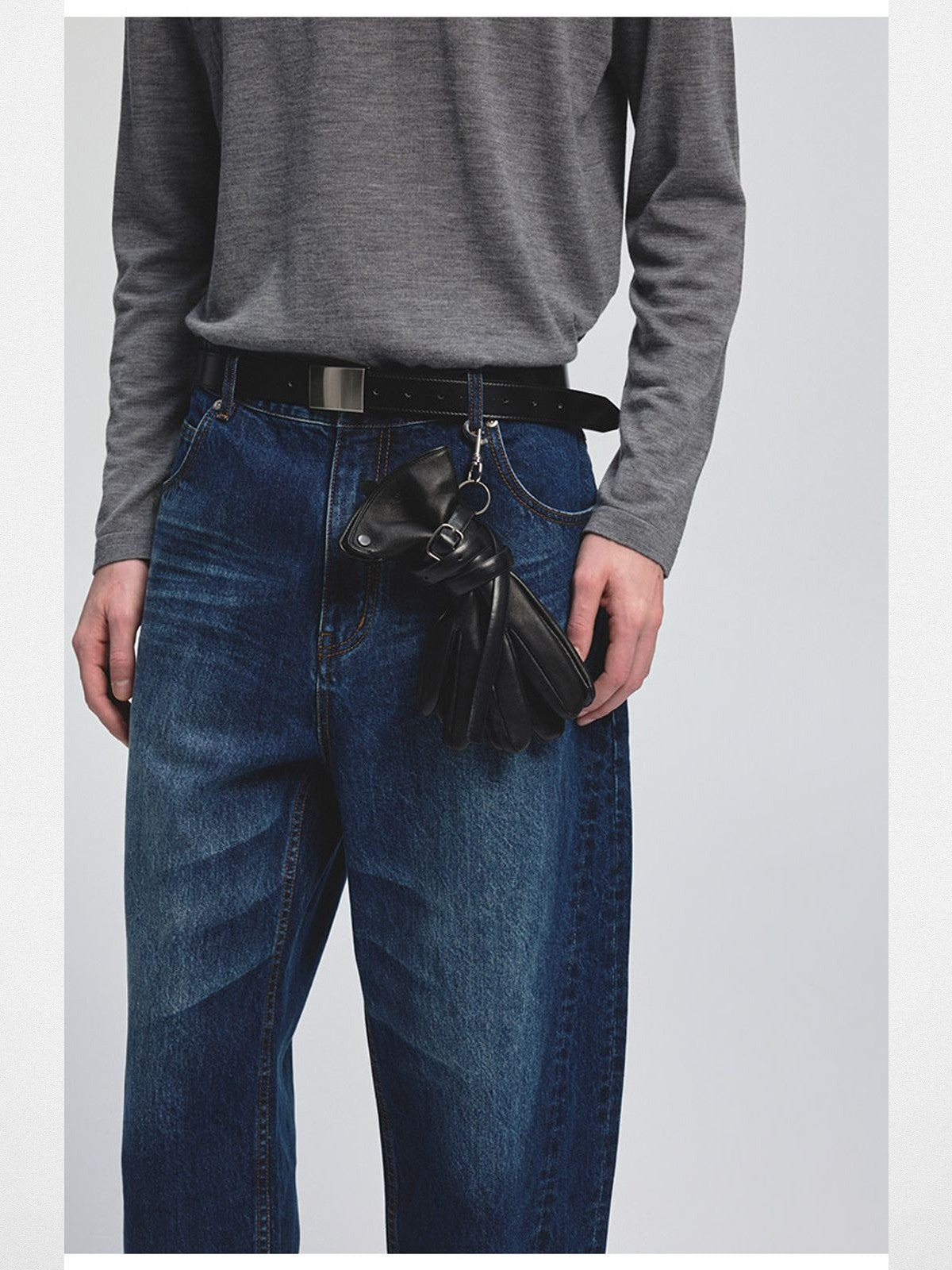 NANS 14oz Heavyweight Curved Leg Jeans in Navy Blue - On Model