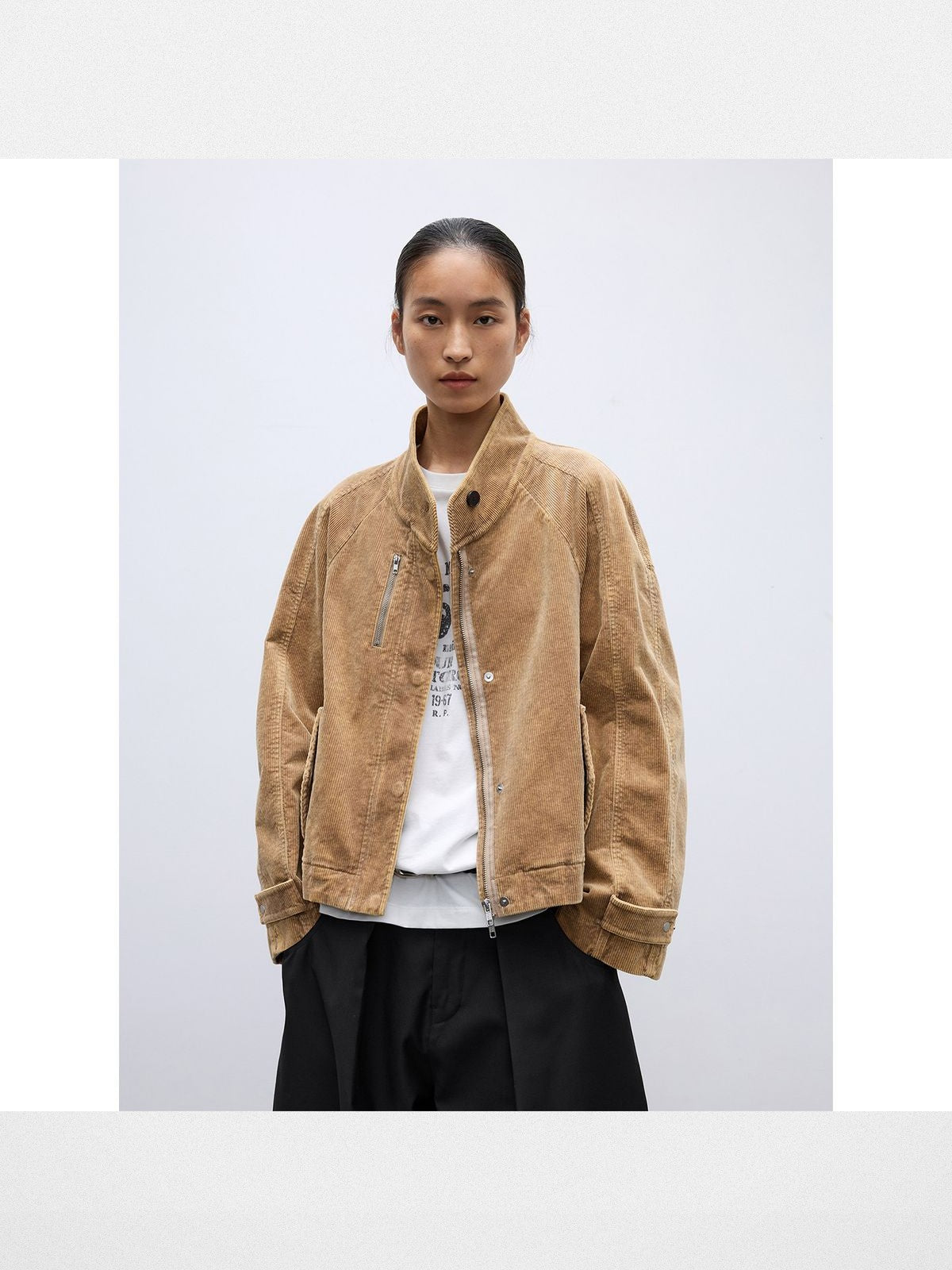RandomPiece Distressed Corduroy Raglan Jacket in Beige - On Model