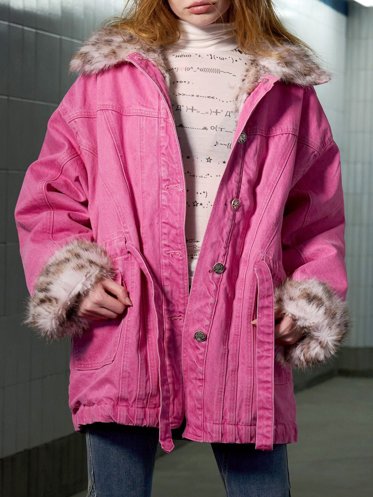 CFIERCE Leopard Lined Pink Denim Jacket in Hot Pink - On Female Model