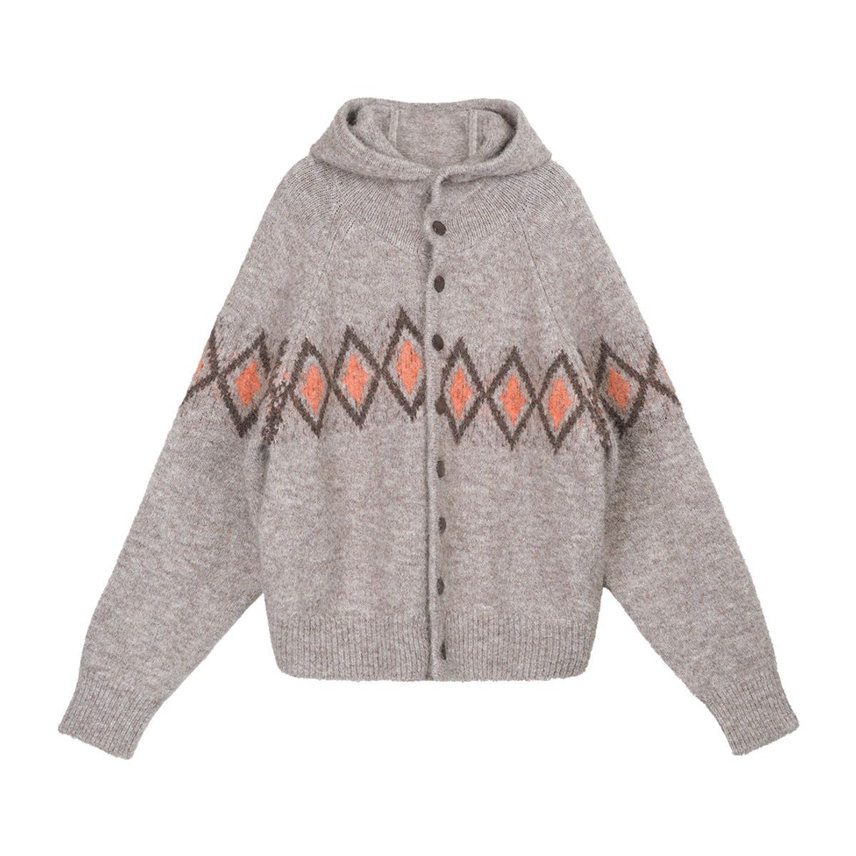 Simple Project Offset Argyle Hooded Cardigan in Beige