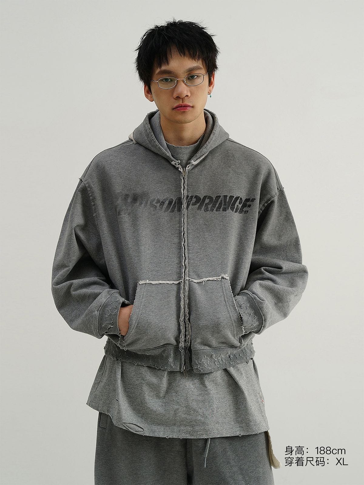 MasonPrince Distressed Graffiti Zip Hoodie in Gray - On Model