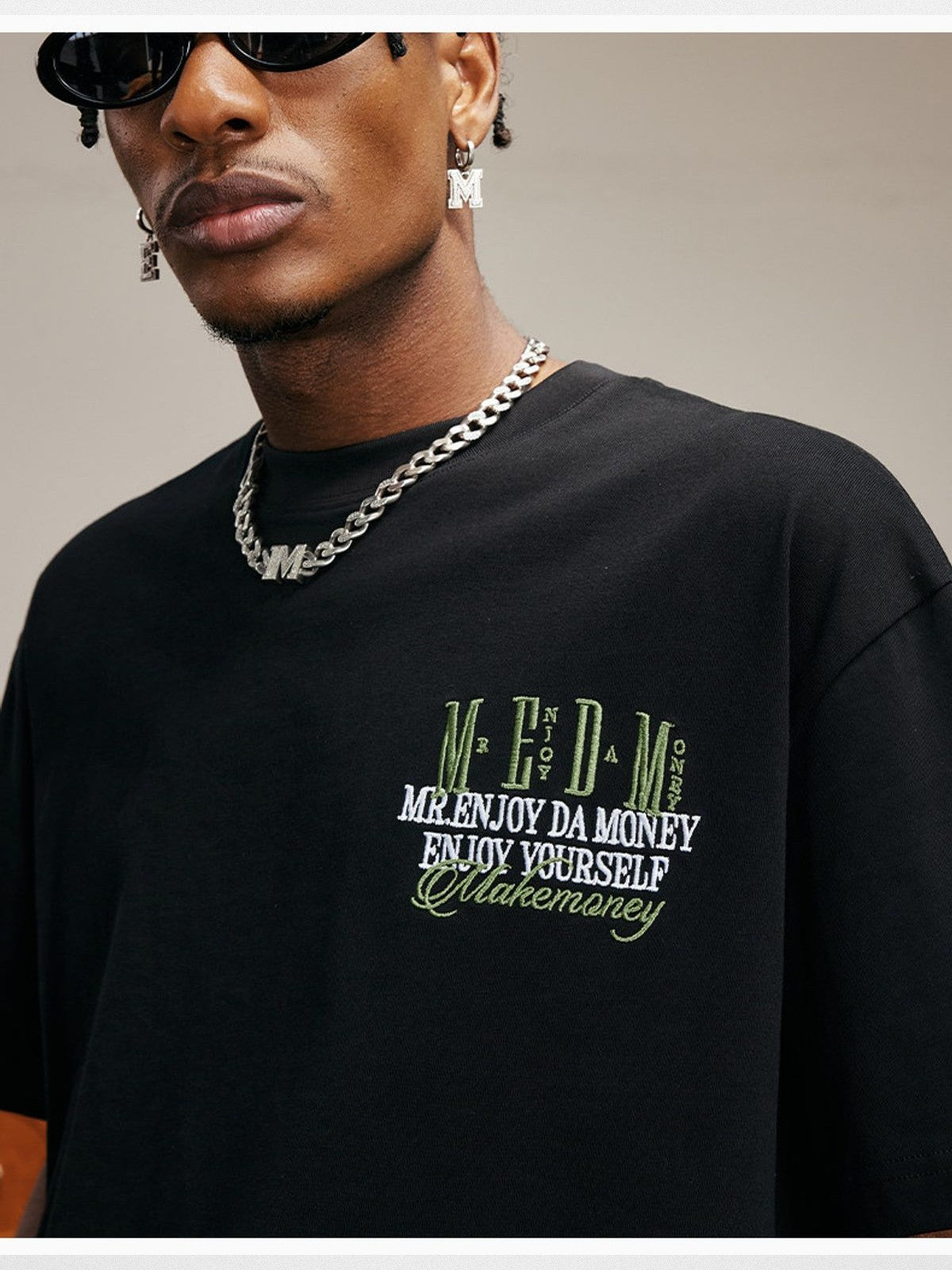 MEDM Retro Typography Chenille T Shirt in Black - On Male Model