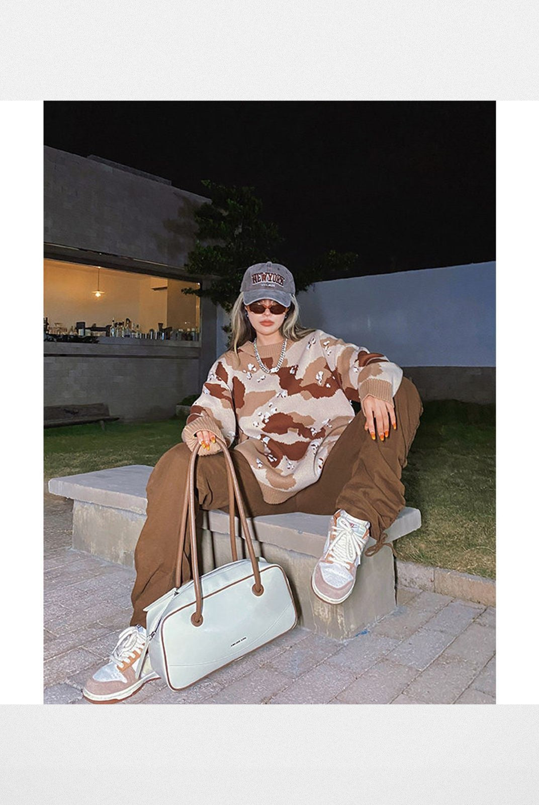 BeerBro Oversized Camo Knit Sweater in Beige