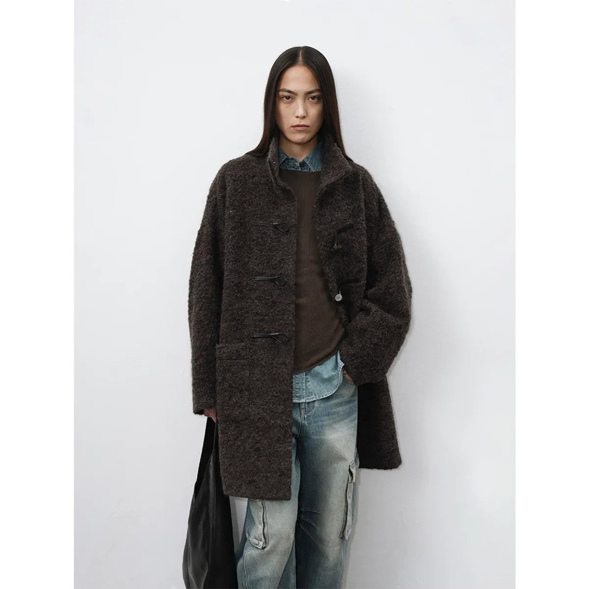 RandomPiece Alpaca Wool Boucl Toggle Coat in Brown - On Model