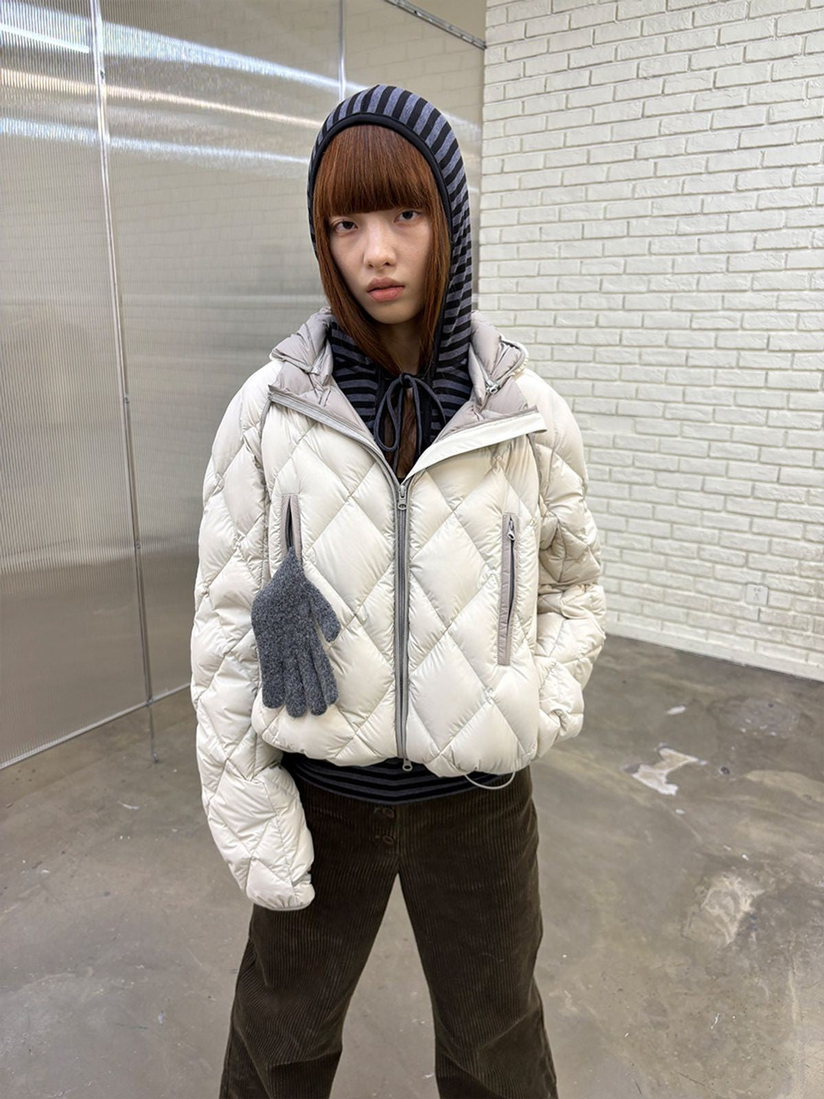 NeverSeez Diamond Quilted Down Puffer in Off-White - On Model