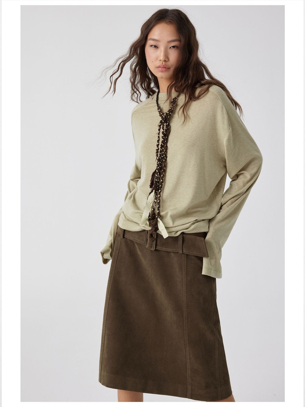 Simple Project Belted Suedette Mini Skirt in Brown - On Model