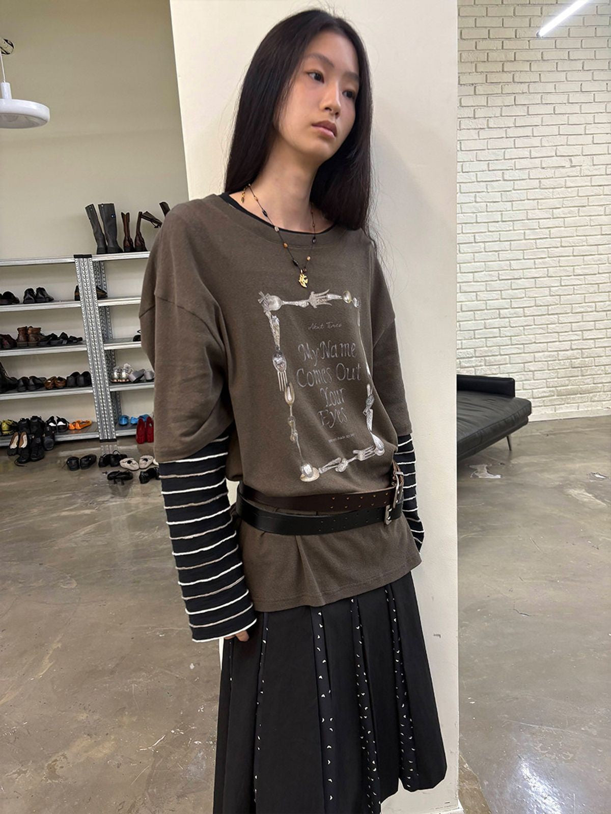 NeverSeez Spoon Frame Print T Shirt in Olive - On Model