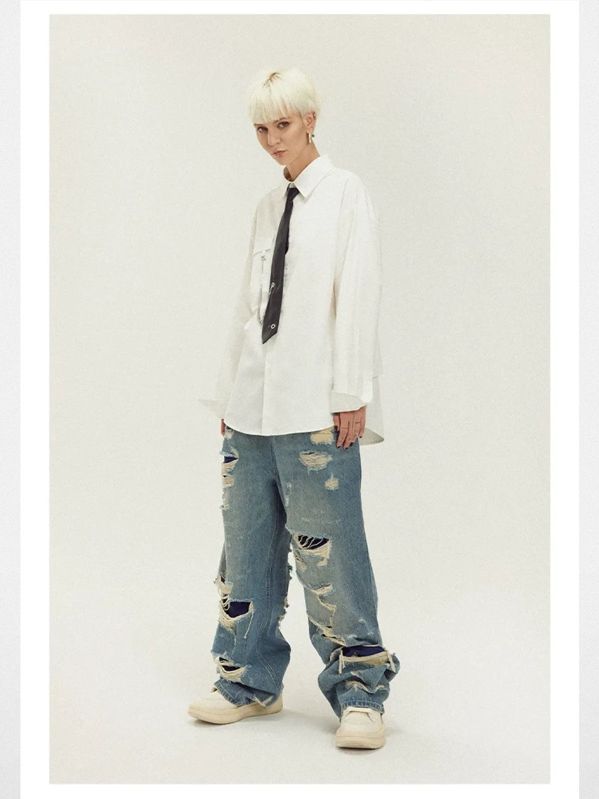 LOSTCTRL Double Layer Distressed Straight Jeans in Blue - On Model