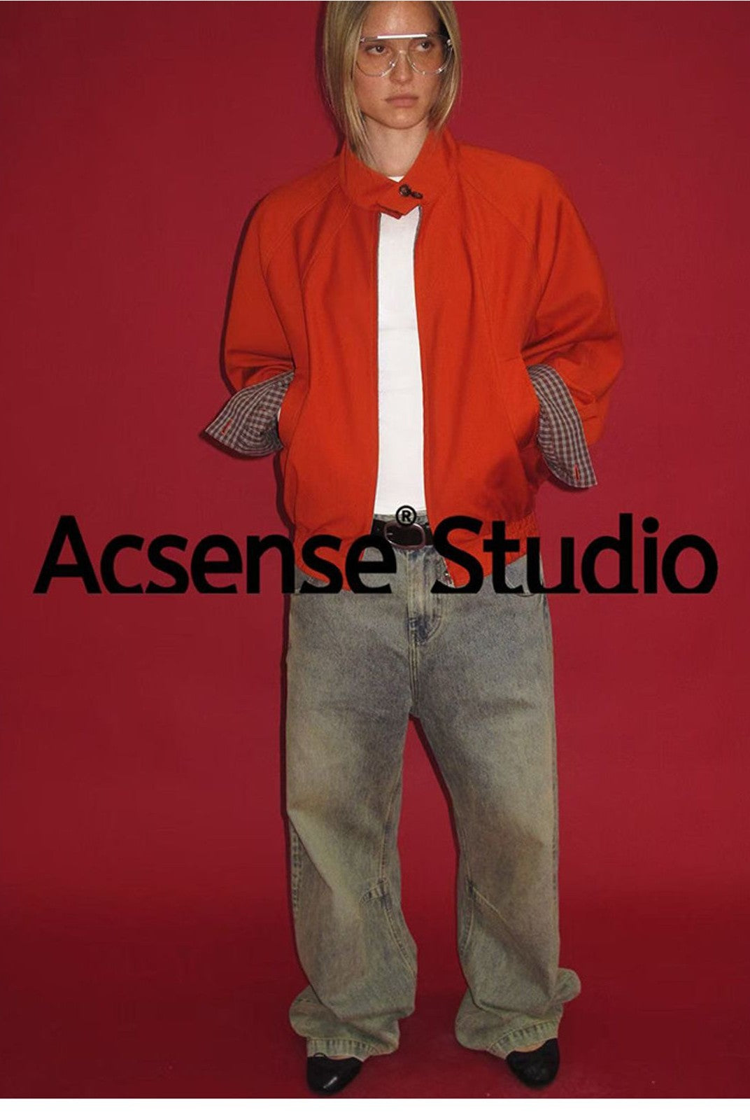 ACSENSE STUDIO Reversible Stand Collar Jacket in Orange - On Model