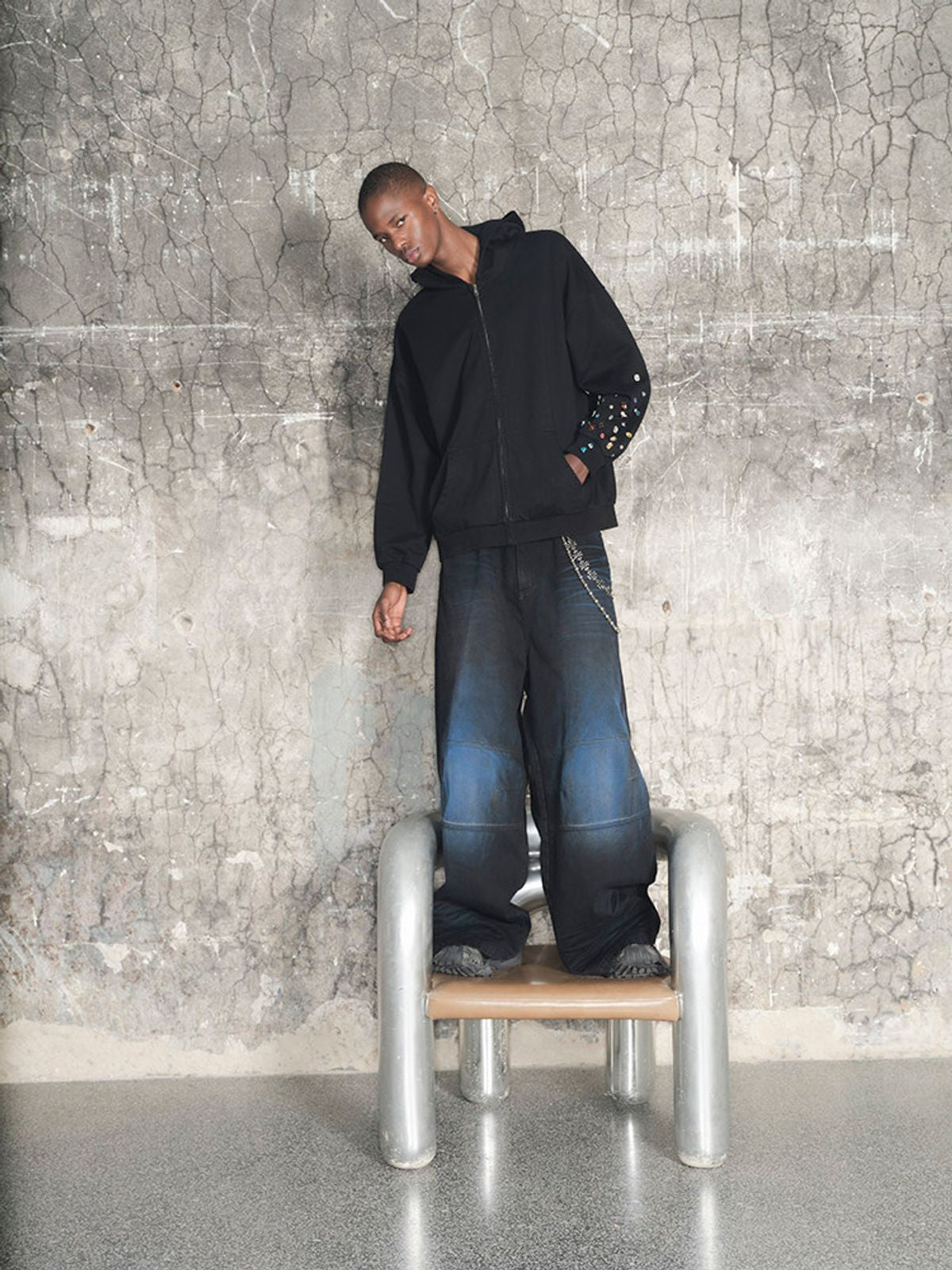 TRIANGLE PROJECT Gemstone Embellished Zip Hoodie in Black - On Model