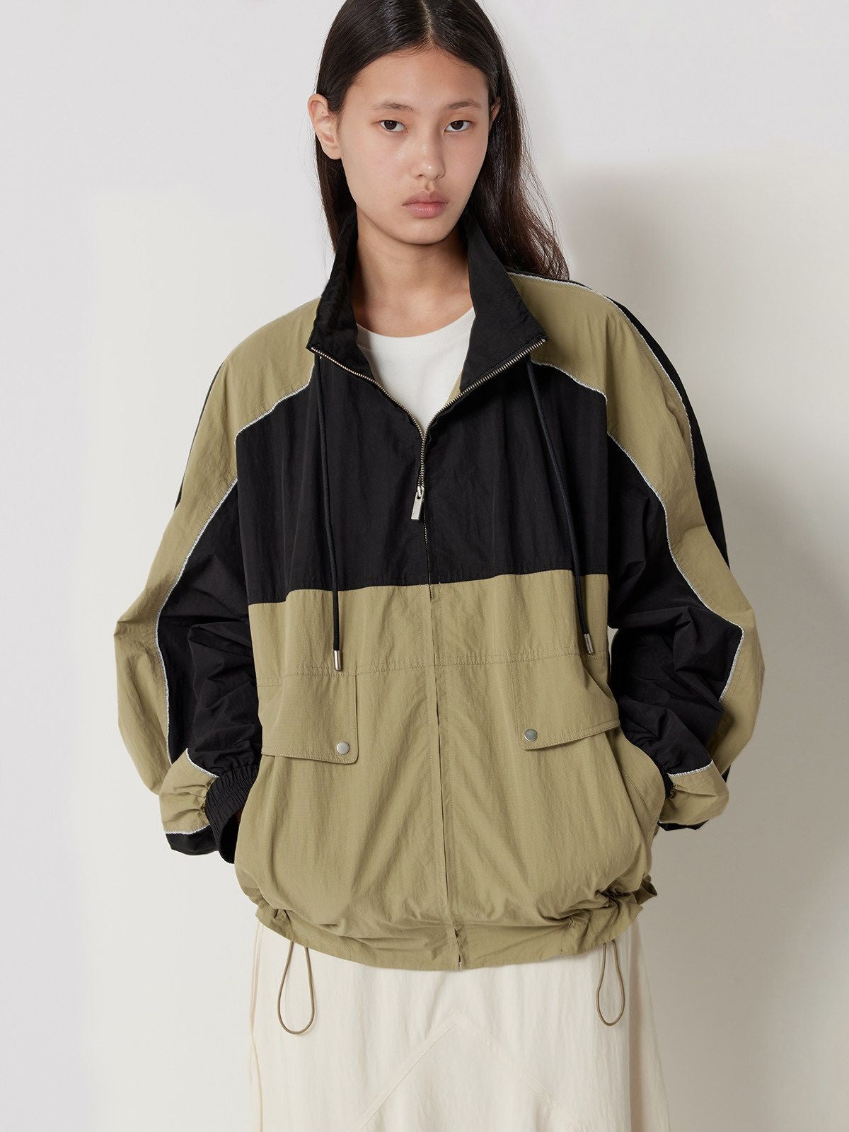 RandomPiece Color Block Stand Collar Jacket in Beige - On Model