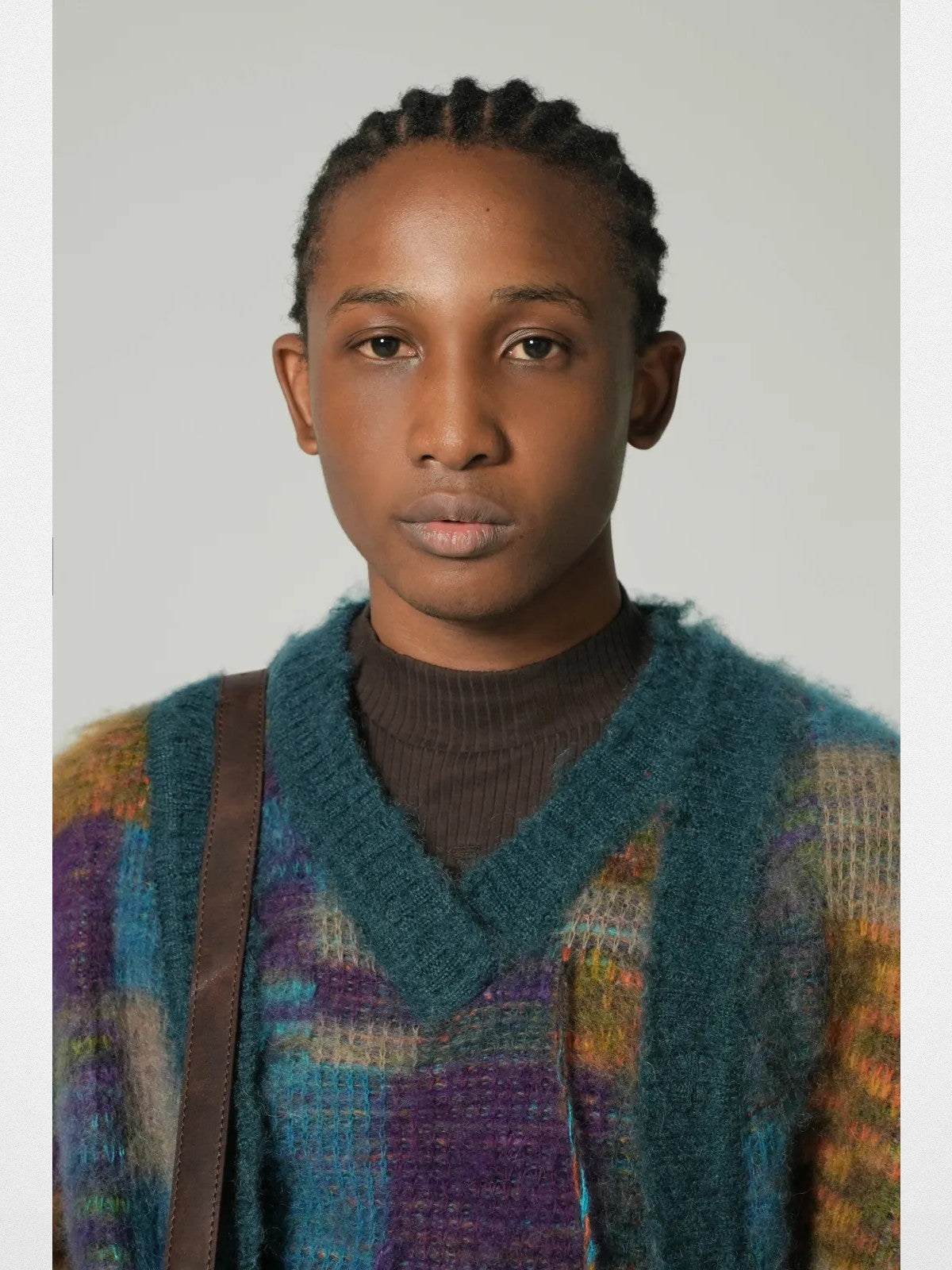 MASONPRINCE Mohair Checkerboard Fringe Cardigan in Blue - On Model #color_blue