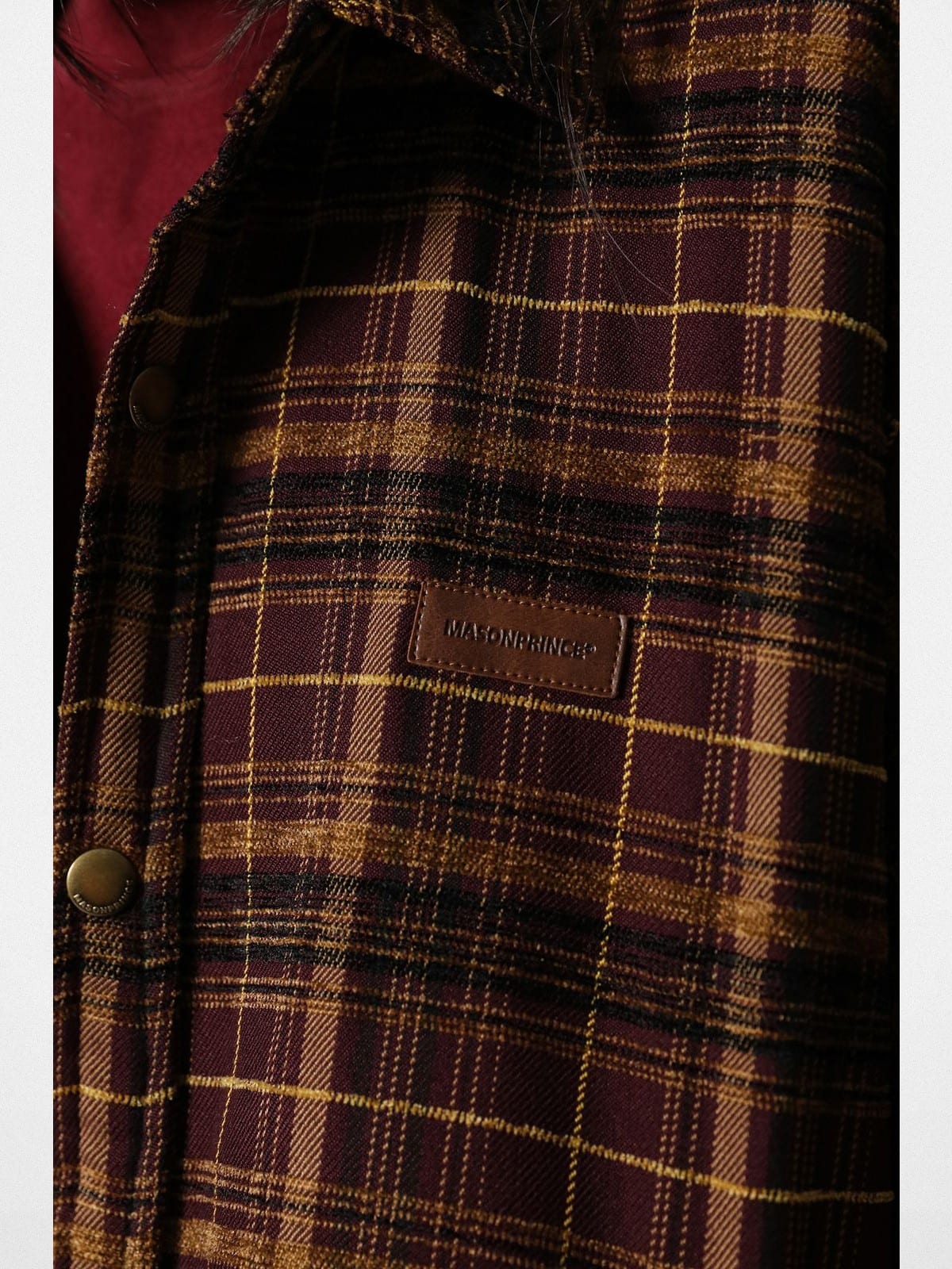 MasonPrince Padded Fine Plaid Shirt Jacket in Burgundy - Detail