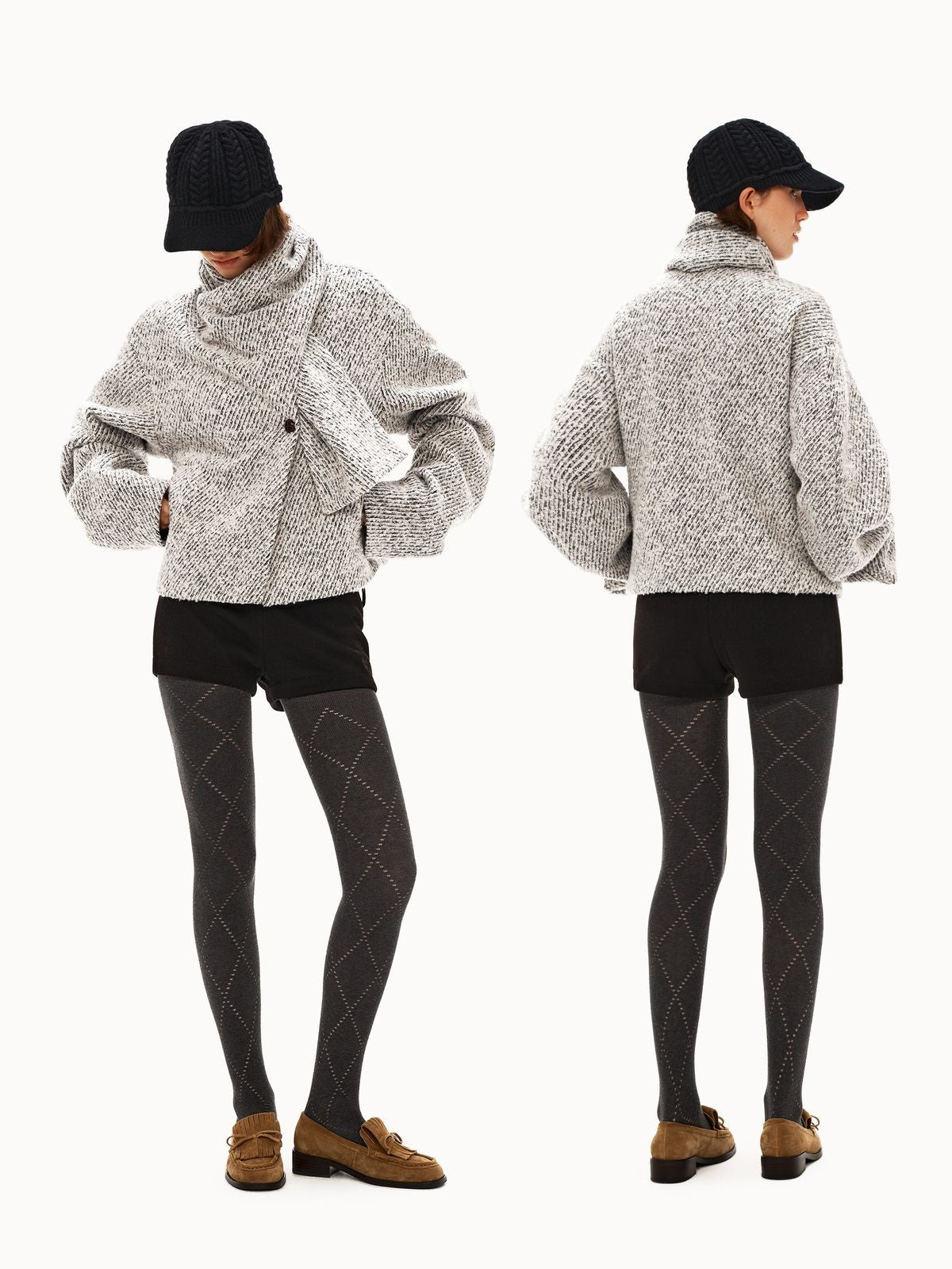 PUKI Scarf Collar Wool Tweed Jacket in Gray - On Model