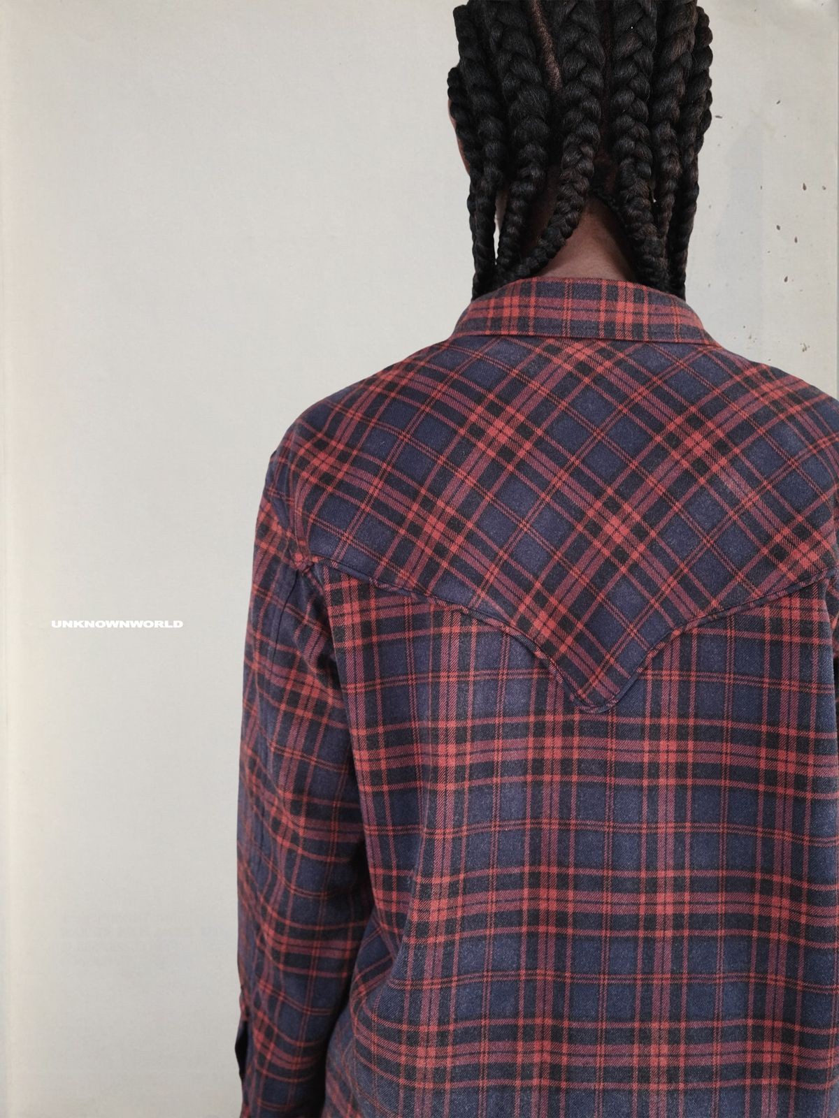UNKNOWNWORLD Washed Plaid Flannel Raw Edge Shirt in Blue - On Model