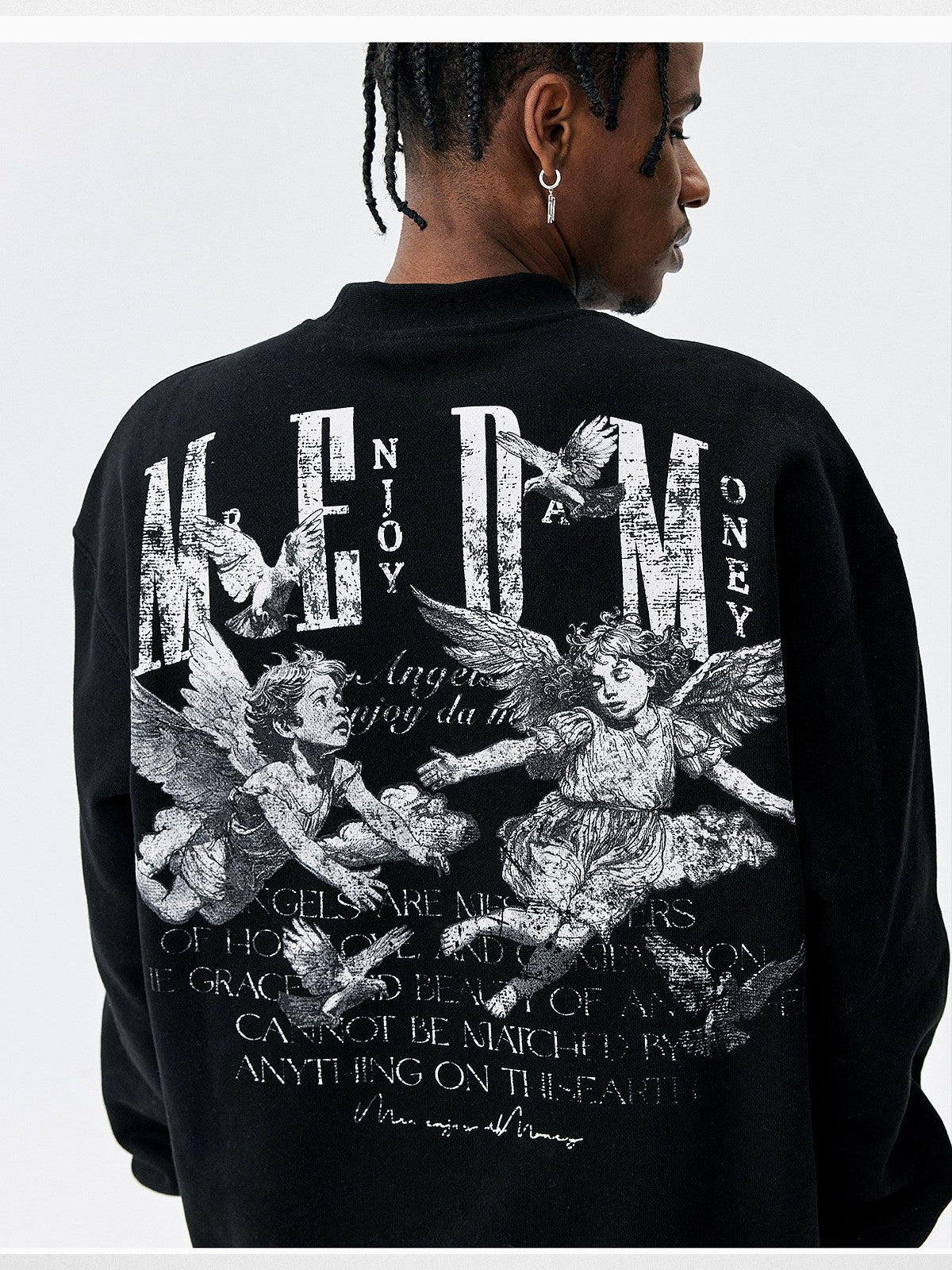 MEDM Angel Appliqu Fleece Sweatshirt in Black - On Male Model