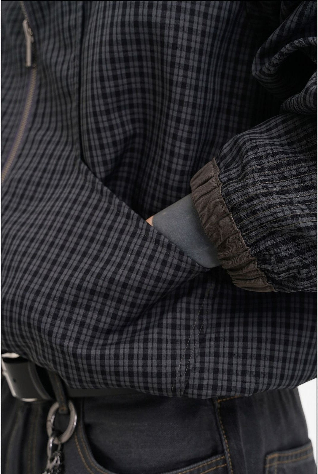 MasonPrince Reversible Plaid Cotton Coach Jacket in Gray - On Model