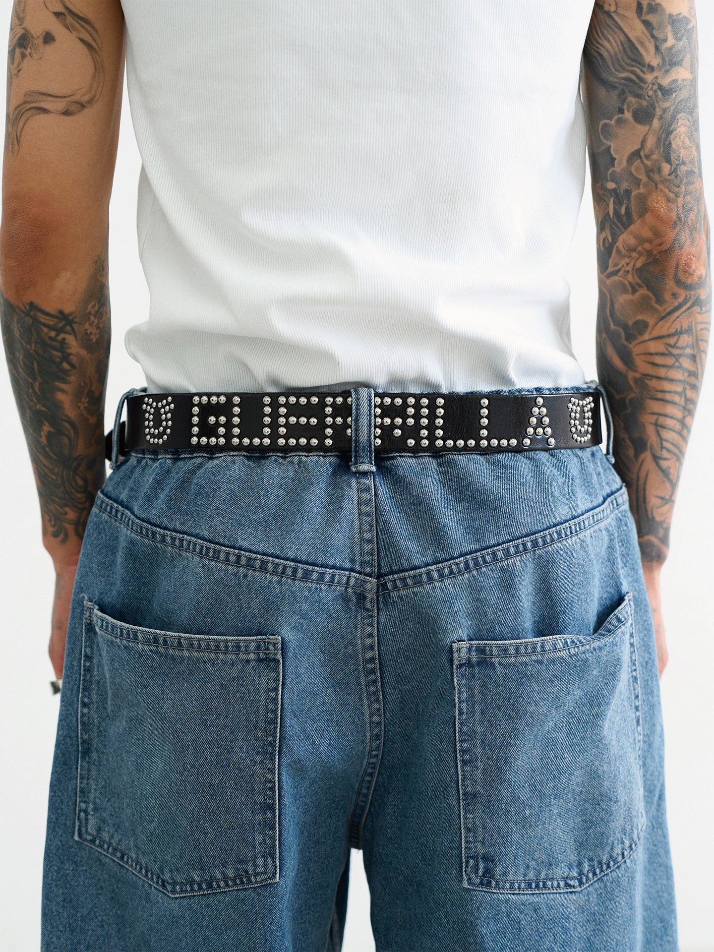 SWFI Flame Carved Studded Leather Belt in Black