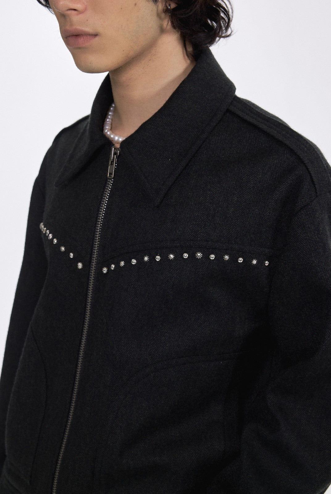 AFterTaste Studded Wool Blend Zip Jacket in Gray - On Model