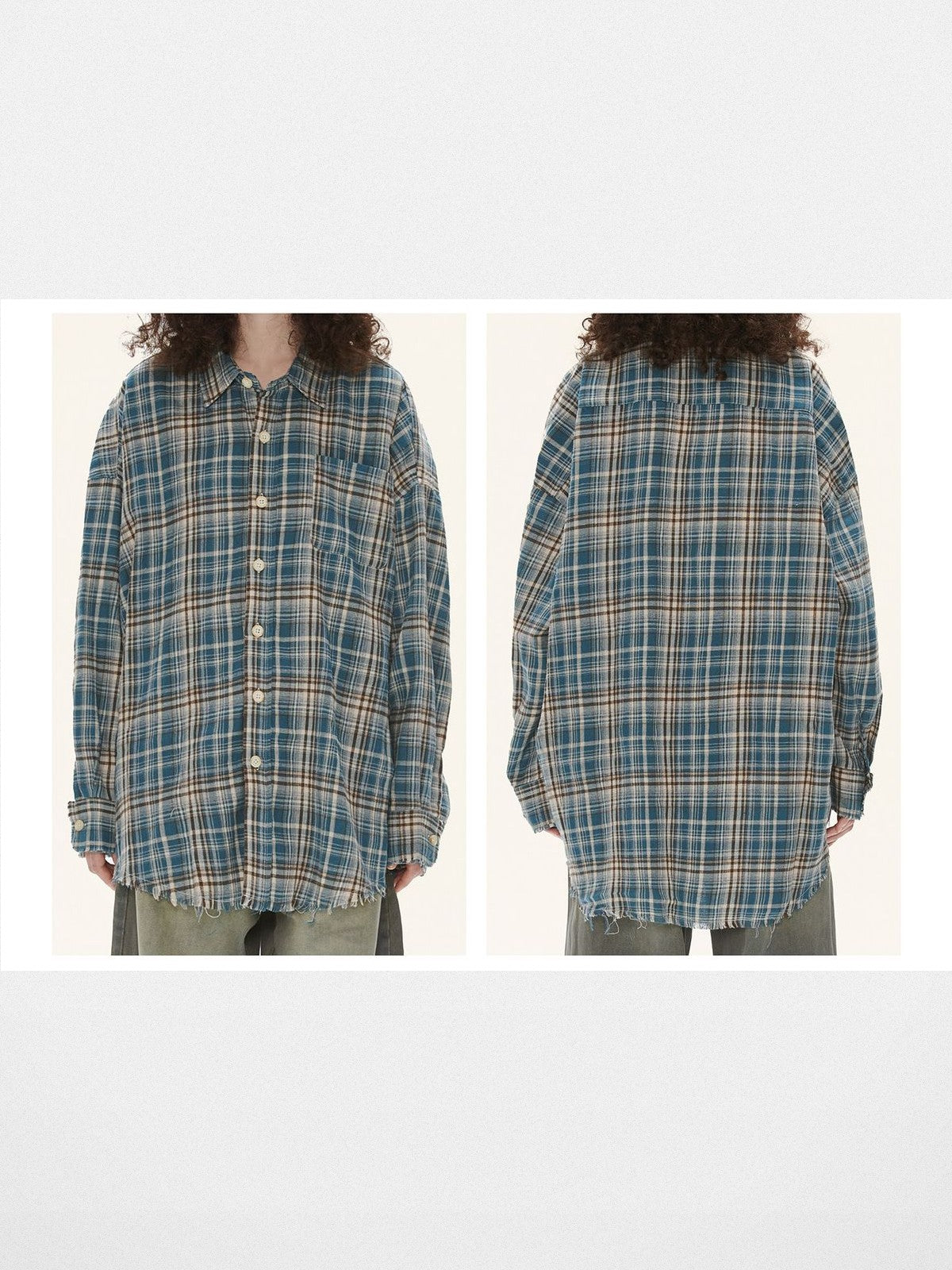 LOSTCTRL Raw Hem Plaid Shirt in Blue - On Model