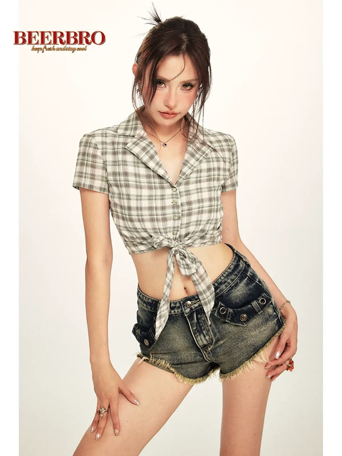 BeerBro Plaid Cross Front Crop Shirt in Mint - On Model
