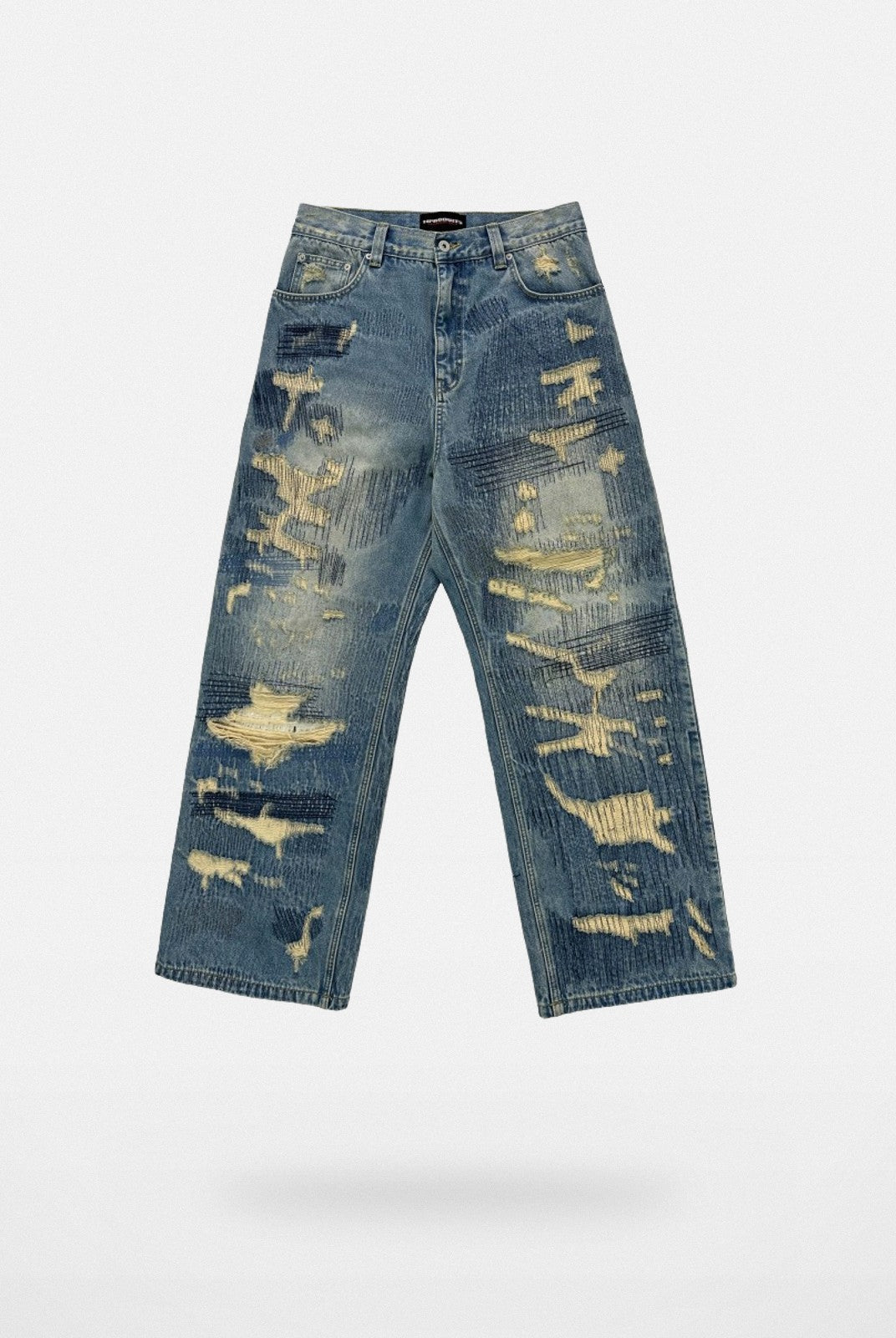 UNKNOWNWORLD Heavyweight Distressed Wide Leg Jeans in Denim