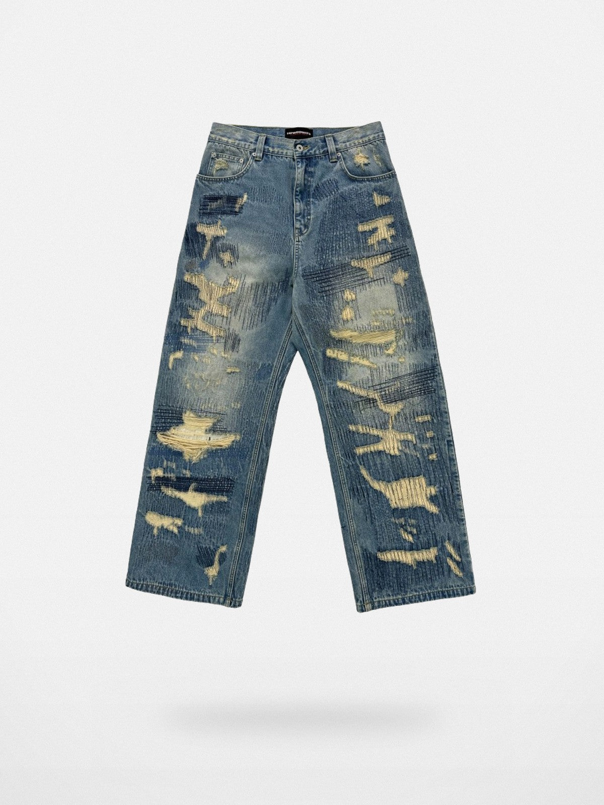 UNKNOWNWORLD Heavyweight Distressed Wide Leg Jeans in Denim