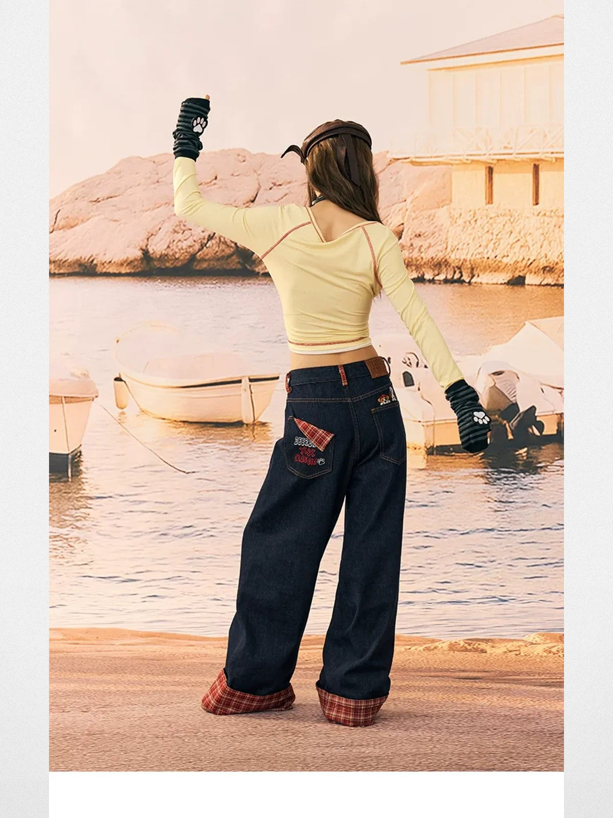 BeerBro Embroidered Plaid Cuff Jeans in Navy - On Model