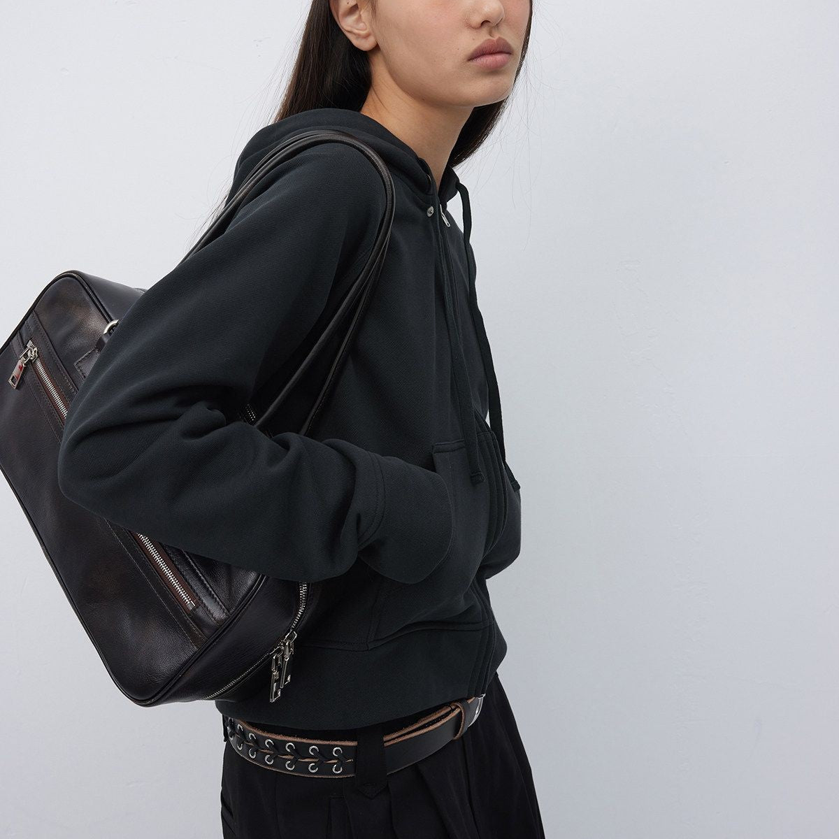 RandomPiece Cropped Cotton Zip Up Hoodie in Black - On Model