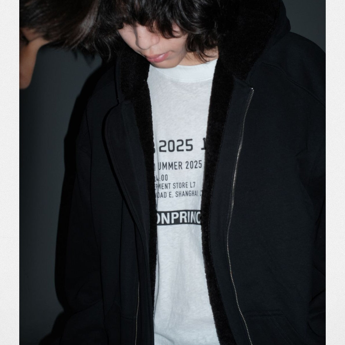 MASONPRINCE Sherpa Lined Cotton Zip Jacket in Black - On Model #color_black