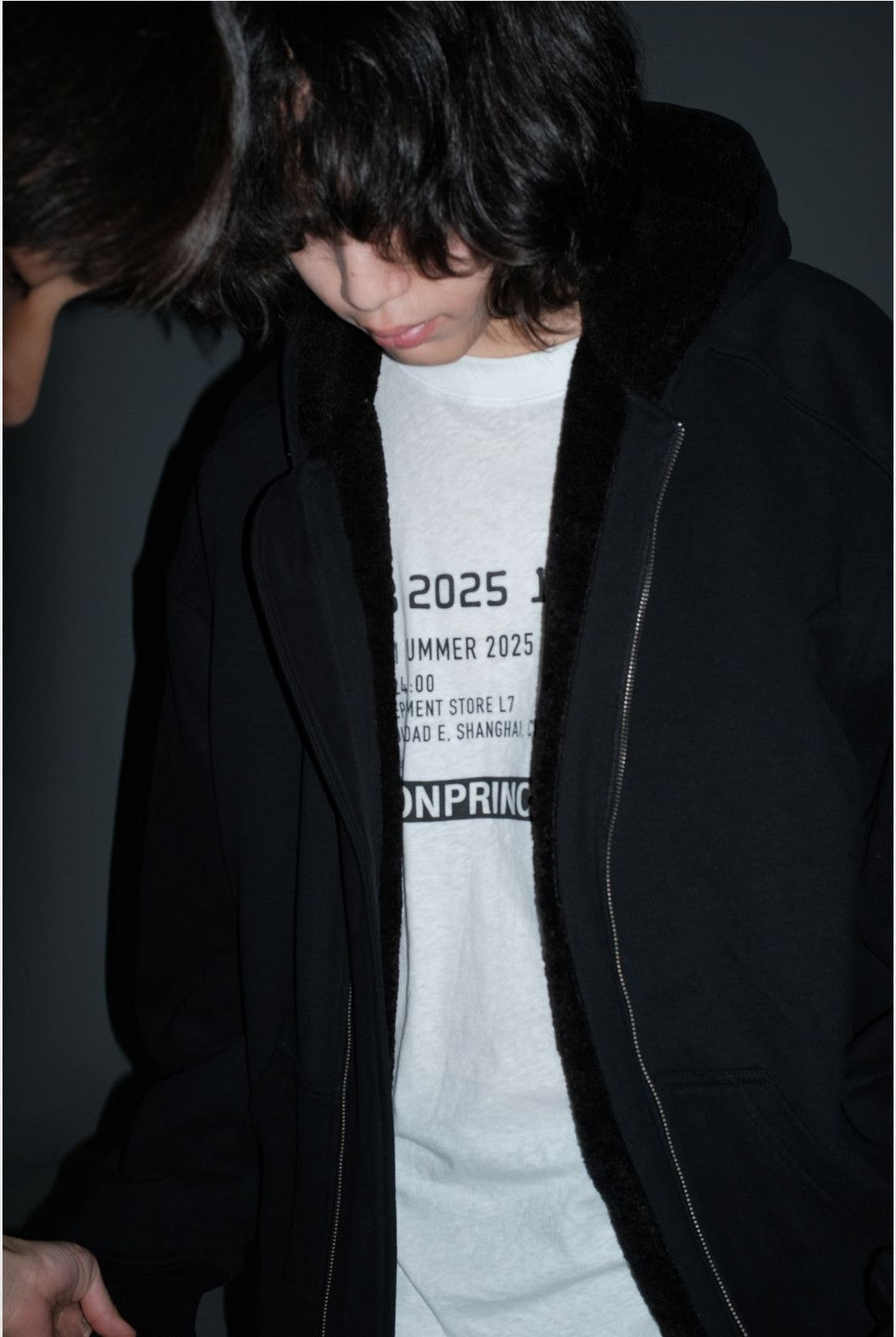 MASONPRINCE Sherpa Lined Cotton Zip Jacket in Black - On Model #color_black