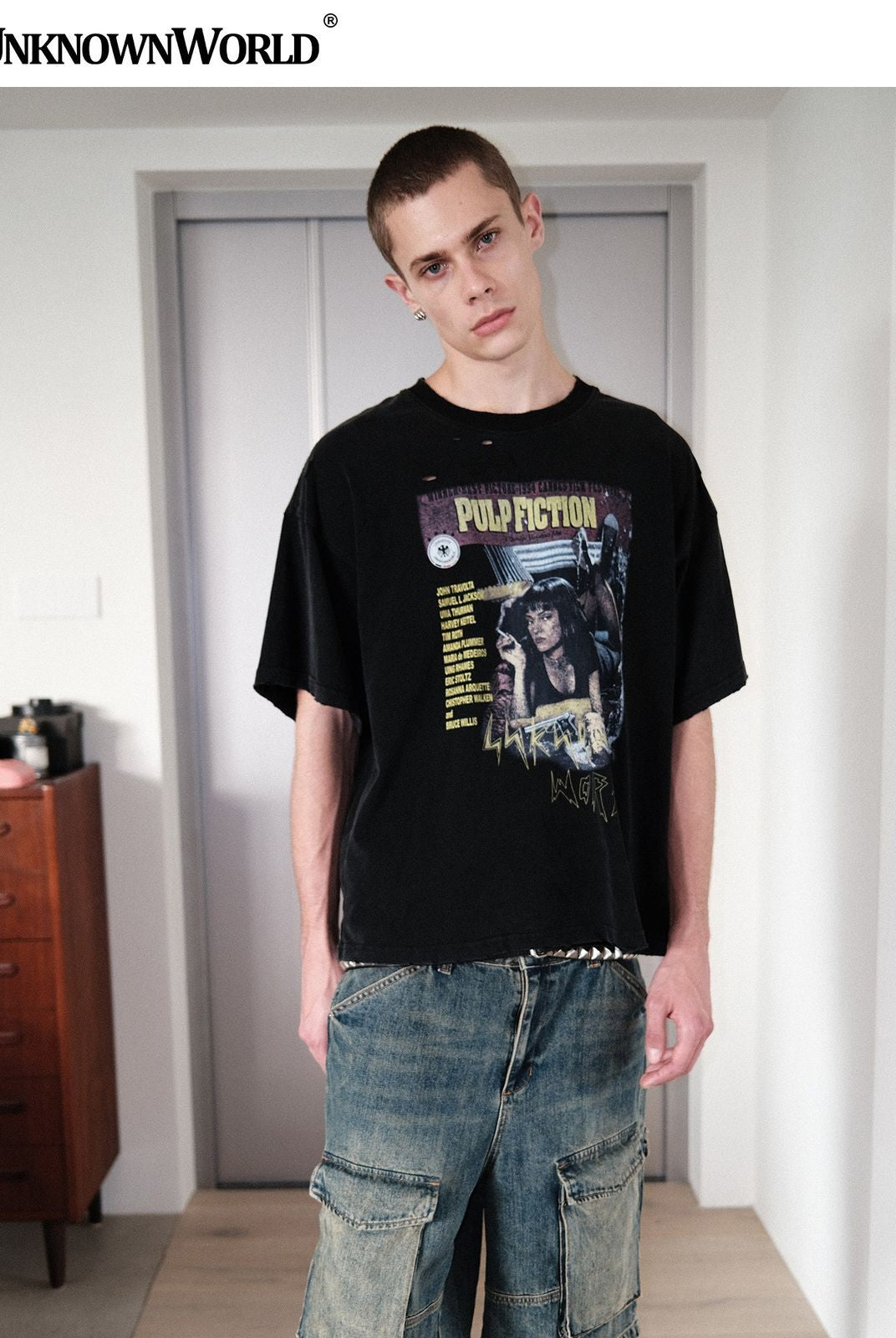 UNKNOWNWORLD Mud Dyed Multi Pocket Denim Shorts in Blue - On Model