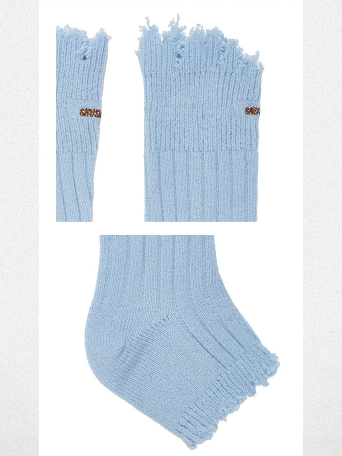 SHUSHUTONG Logo Embroidered Lambswool Leg Warmers in Light Blue - Detail
