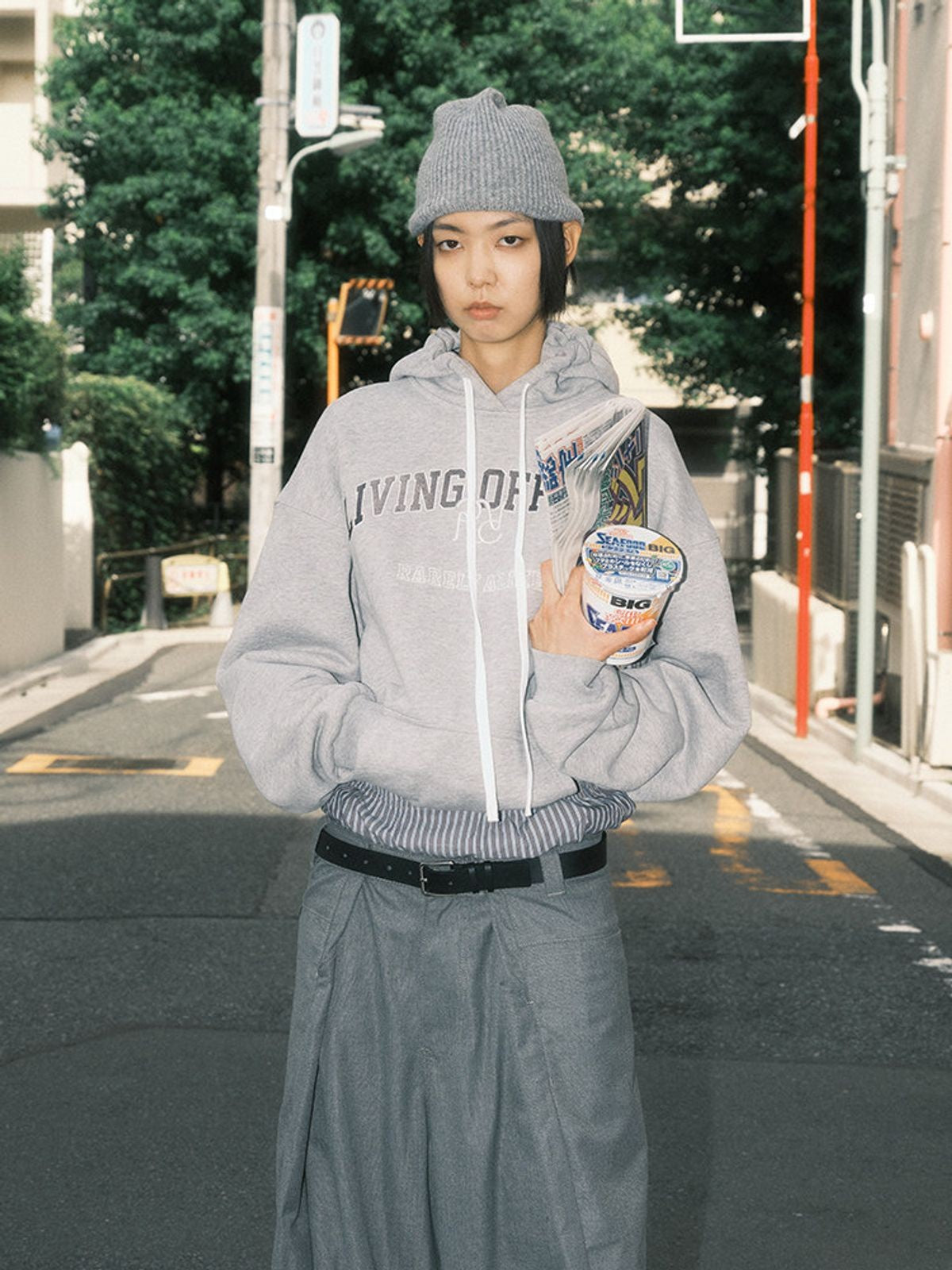 RARELY ALIKE Living Offline Embroidered Fleece Hoodie in Gray - Lifestyle