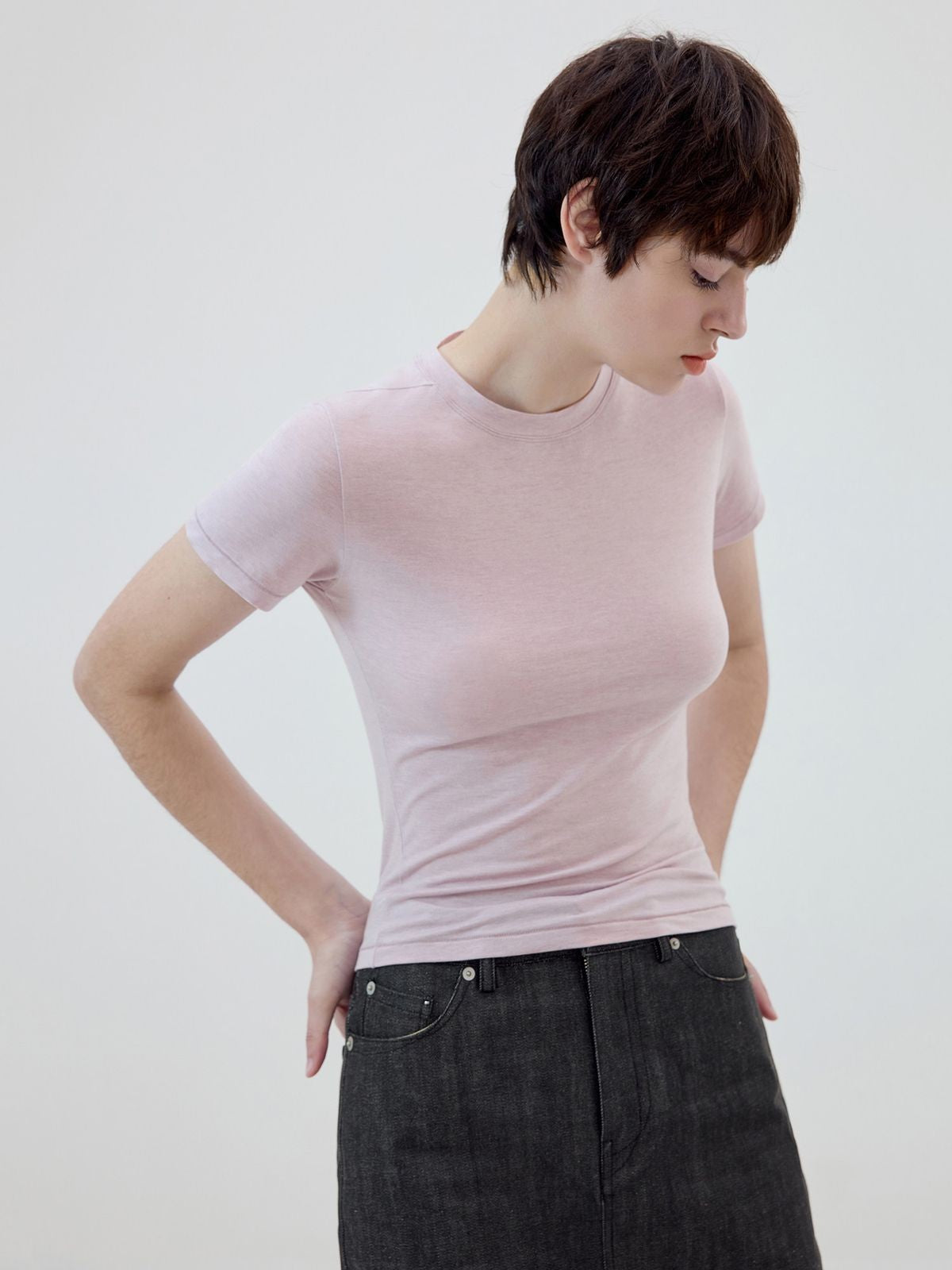 Simple Project Merino Wool Blend Crewneck T Shirt in Pink - On Model