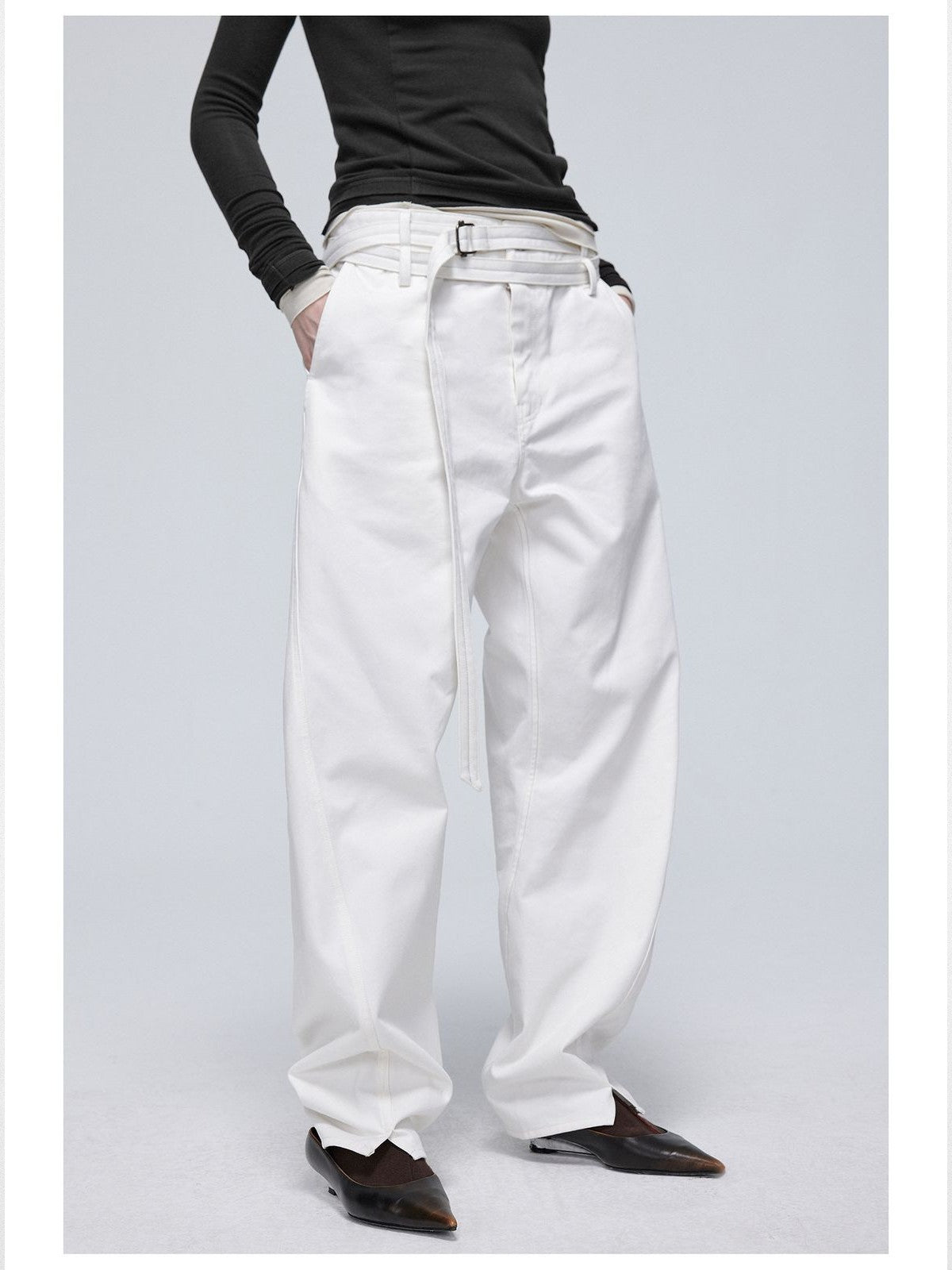 Simple Project Twisted Belt Curved Leg Pants in White - On Female Model