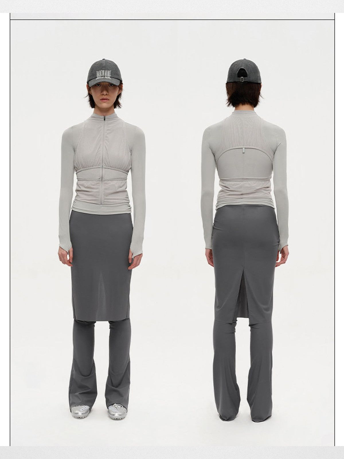 RARELY ALIKE Skirted Micro Flare Trousers in Dark Gray - On Model