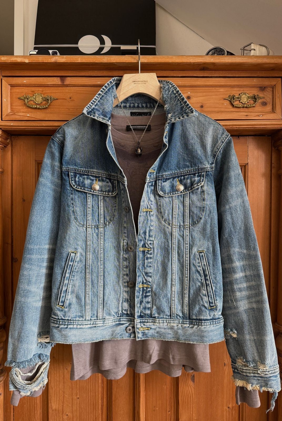 UNKNOWNWORLD Heavy Distressed Denim Jacket in Blue - Lifestyle