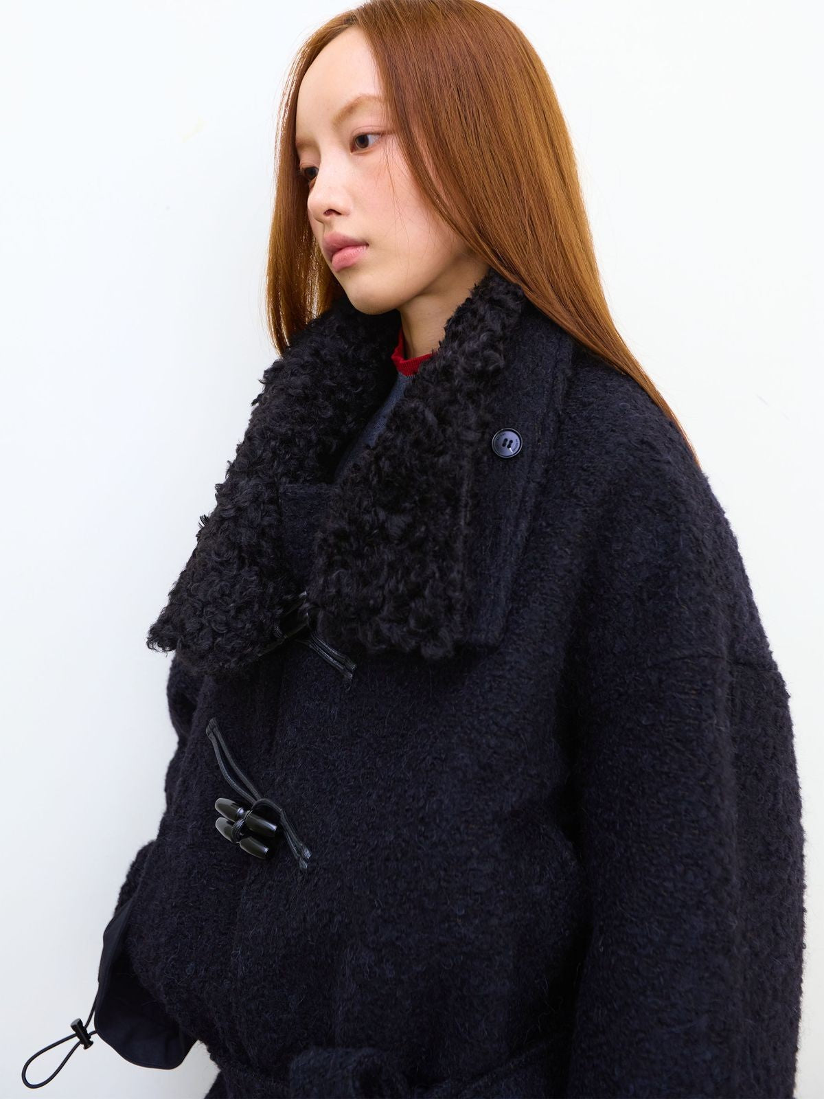 NeverSeez Short Boucl Wool Toggle Coat in Black - On Model