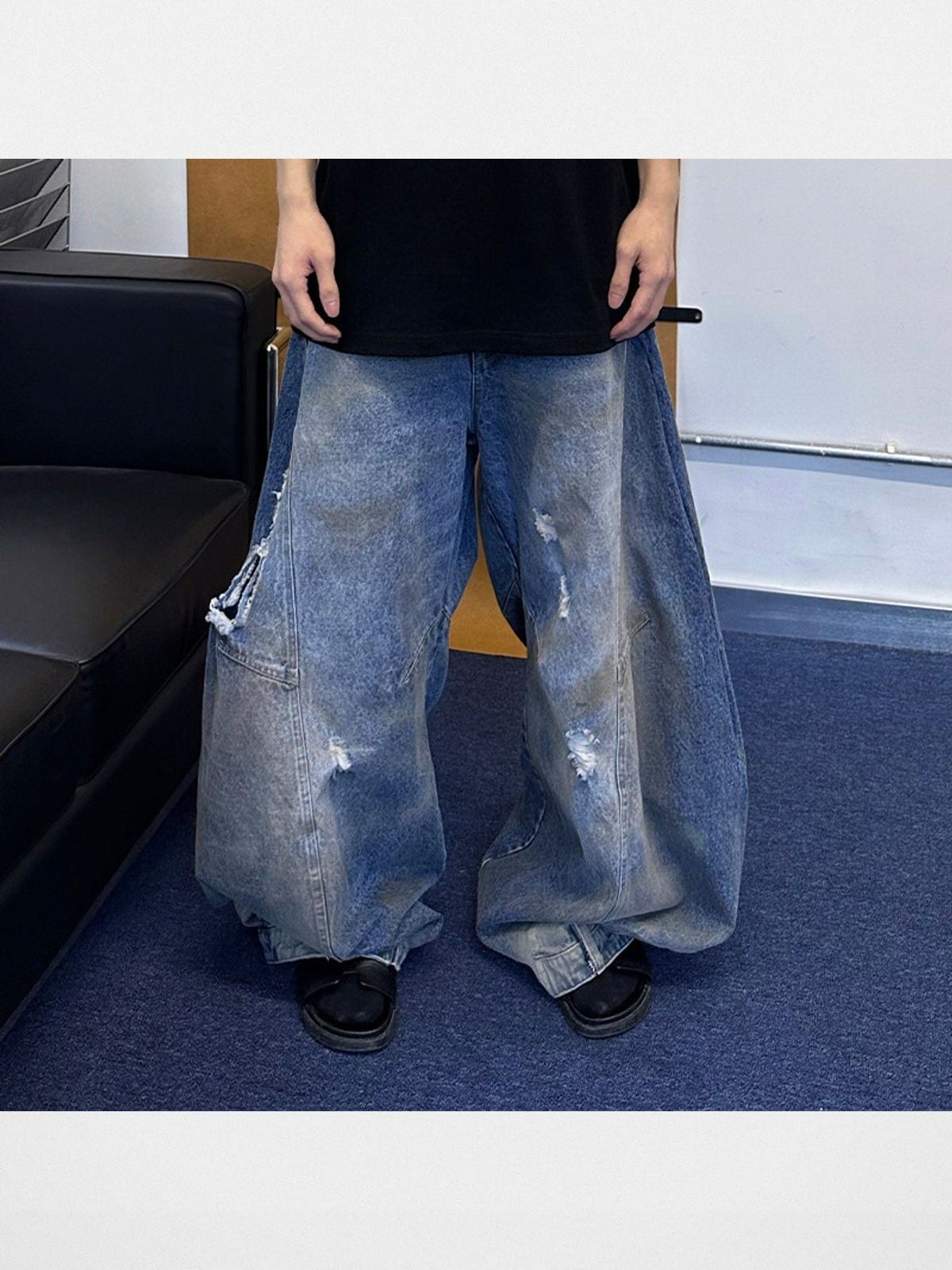 Triangle Project Distressed Dirty Dye Patchwork Jeans in Denim - On Model