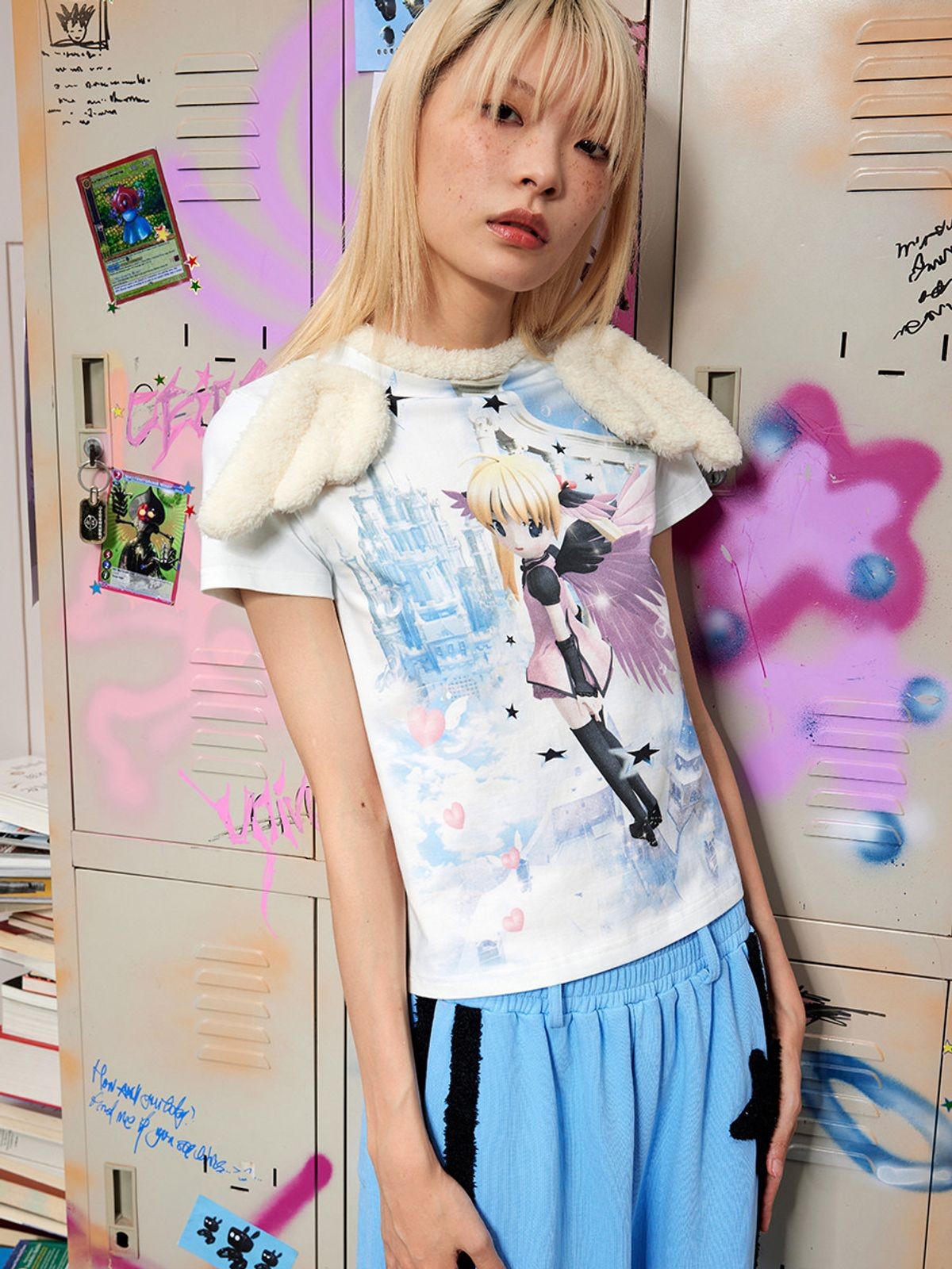 CFIERCE Angel Print Plush Wing T Shirt in White - On Model